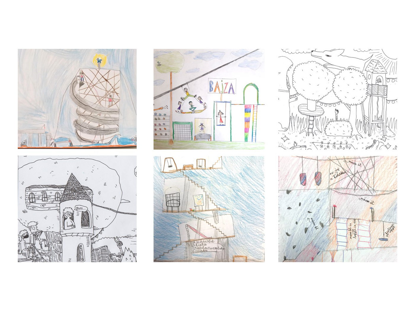 Grid of six children's drawings in pencil and crayon showing towers, slides, treehouses and swings imagined for a playground