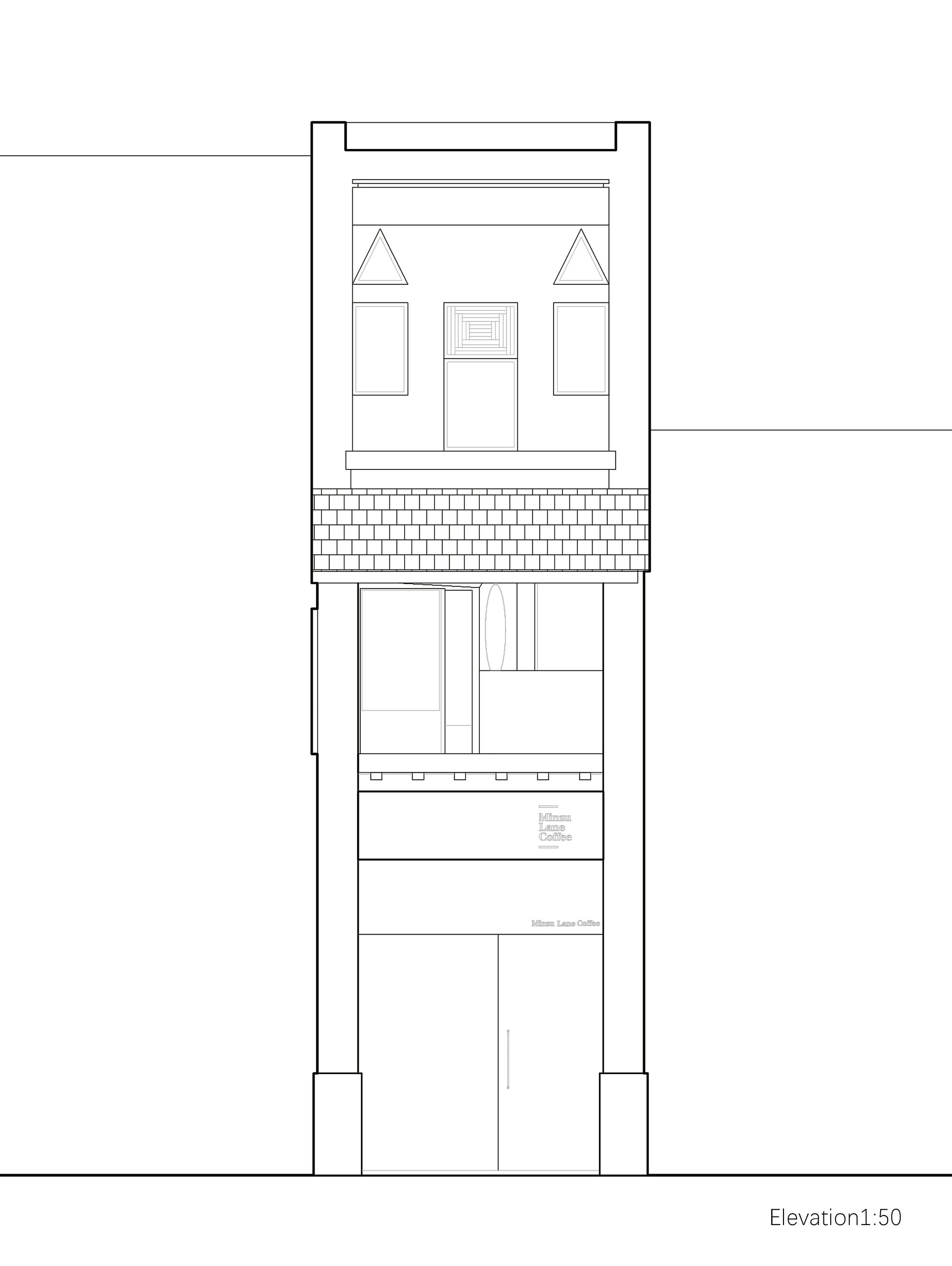 Front elevation drawing at 1:50 showing the narrow three-level facade with gabled upper windows, a tiled band and the ground-floor entrance