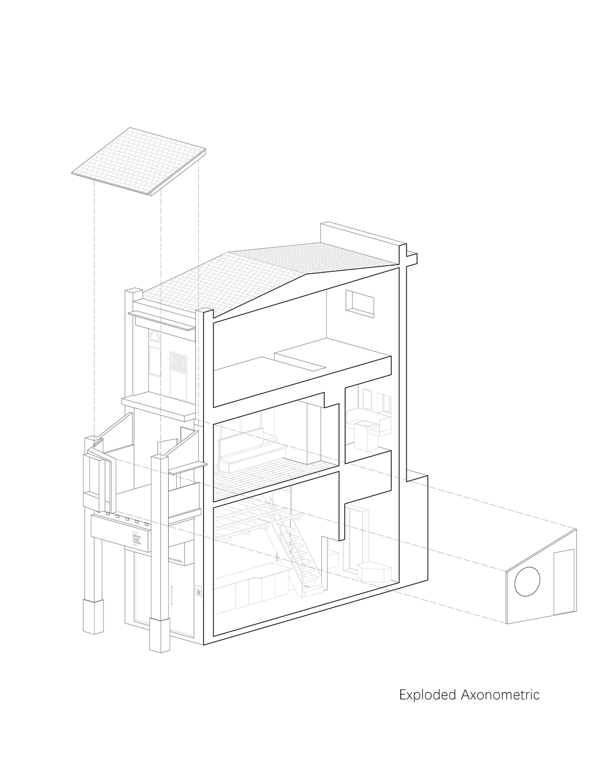 Exploded axonometric drawing showing the sectioned three-storey building with its roof, front balcony and side volume lifted away from the main body