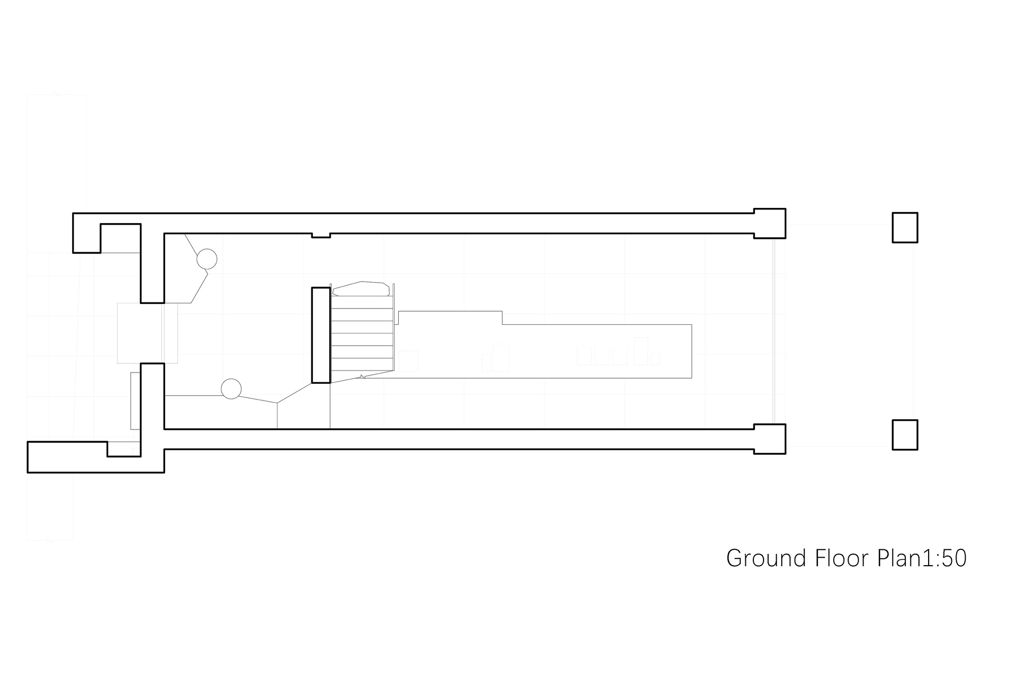 Ground floor plan drawing at 1:50 showing a narrow rectangular footprint with thick walls, a stair and a long counter