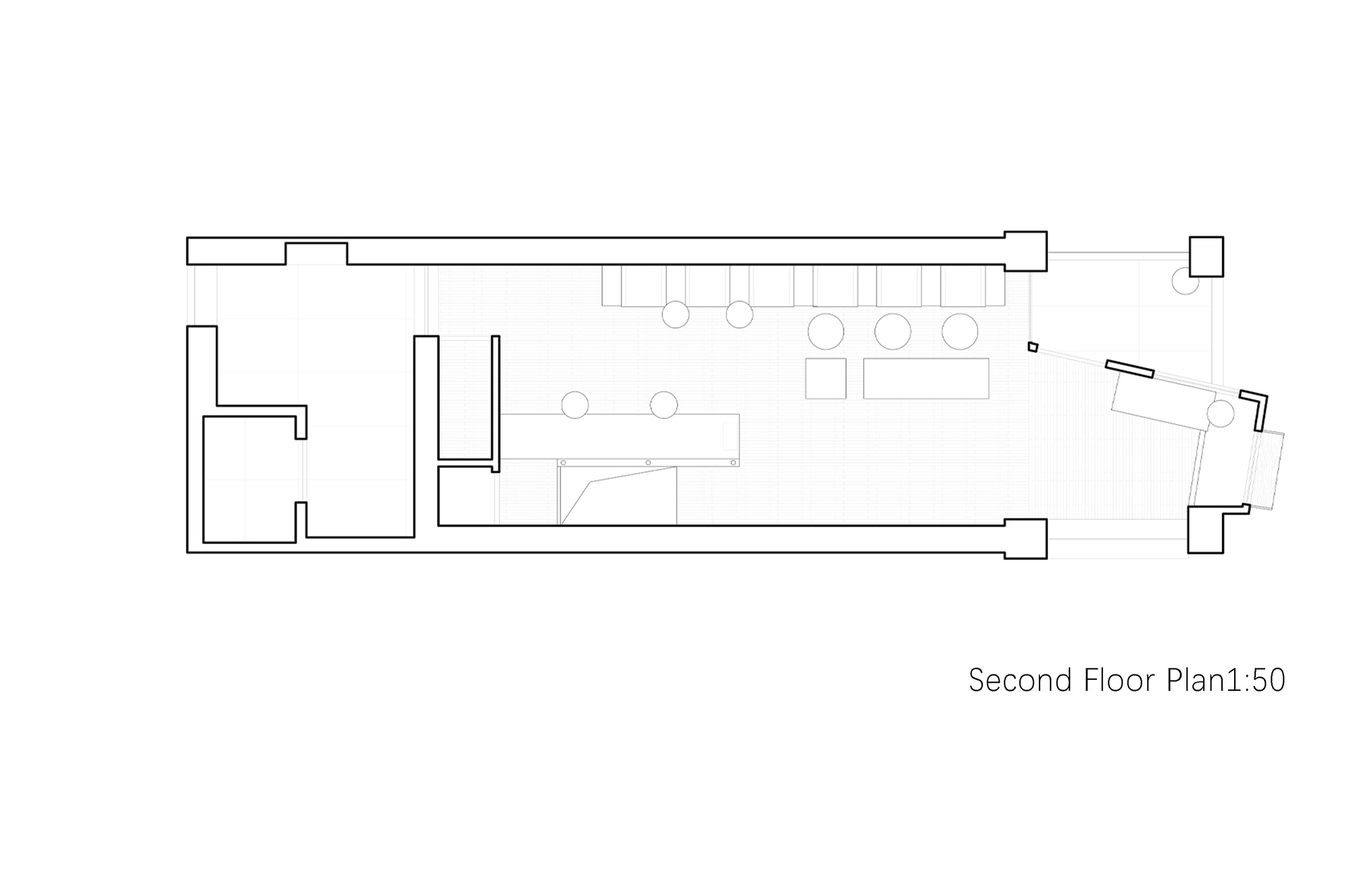 Second floor plan drawing at 1:50 showing a long narrow room with seating, a counter and an angled glazed end