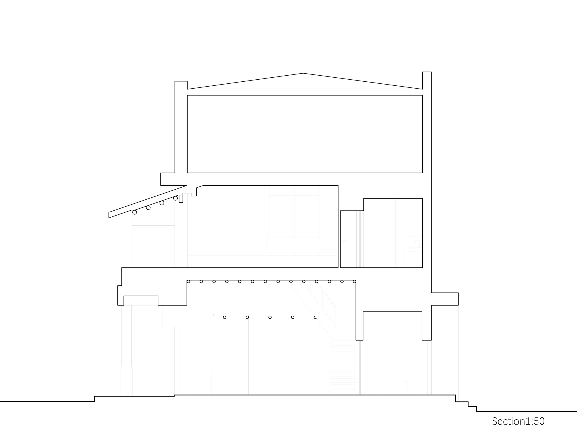Building section drawing at 1:50 showing three stacked levels, a pitched roof, a sloped canopy and a stair at the right