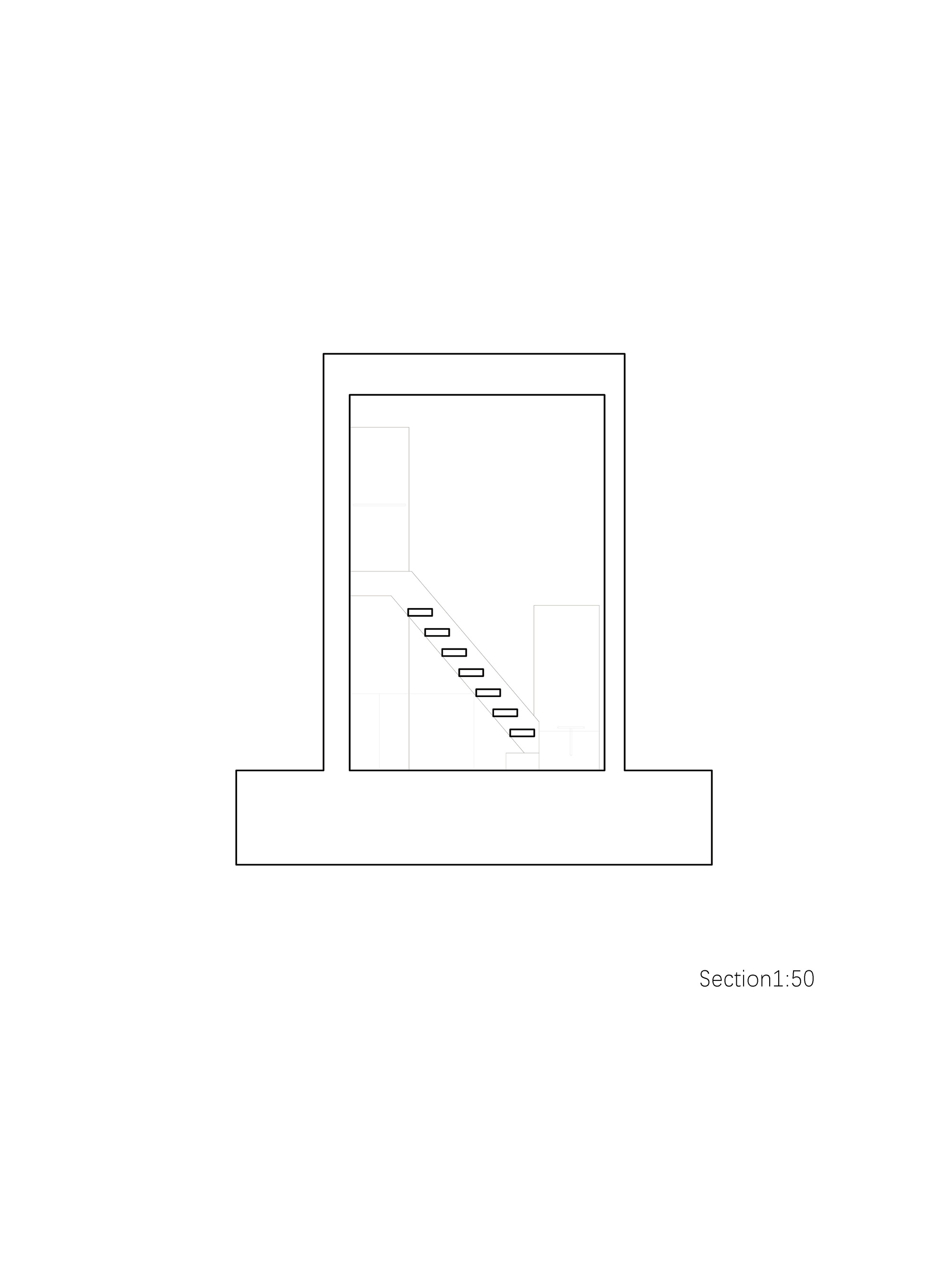 Cross section drawing at 1:50 through a narrow room, showing a floating stair rising along one wall