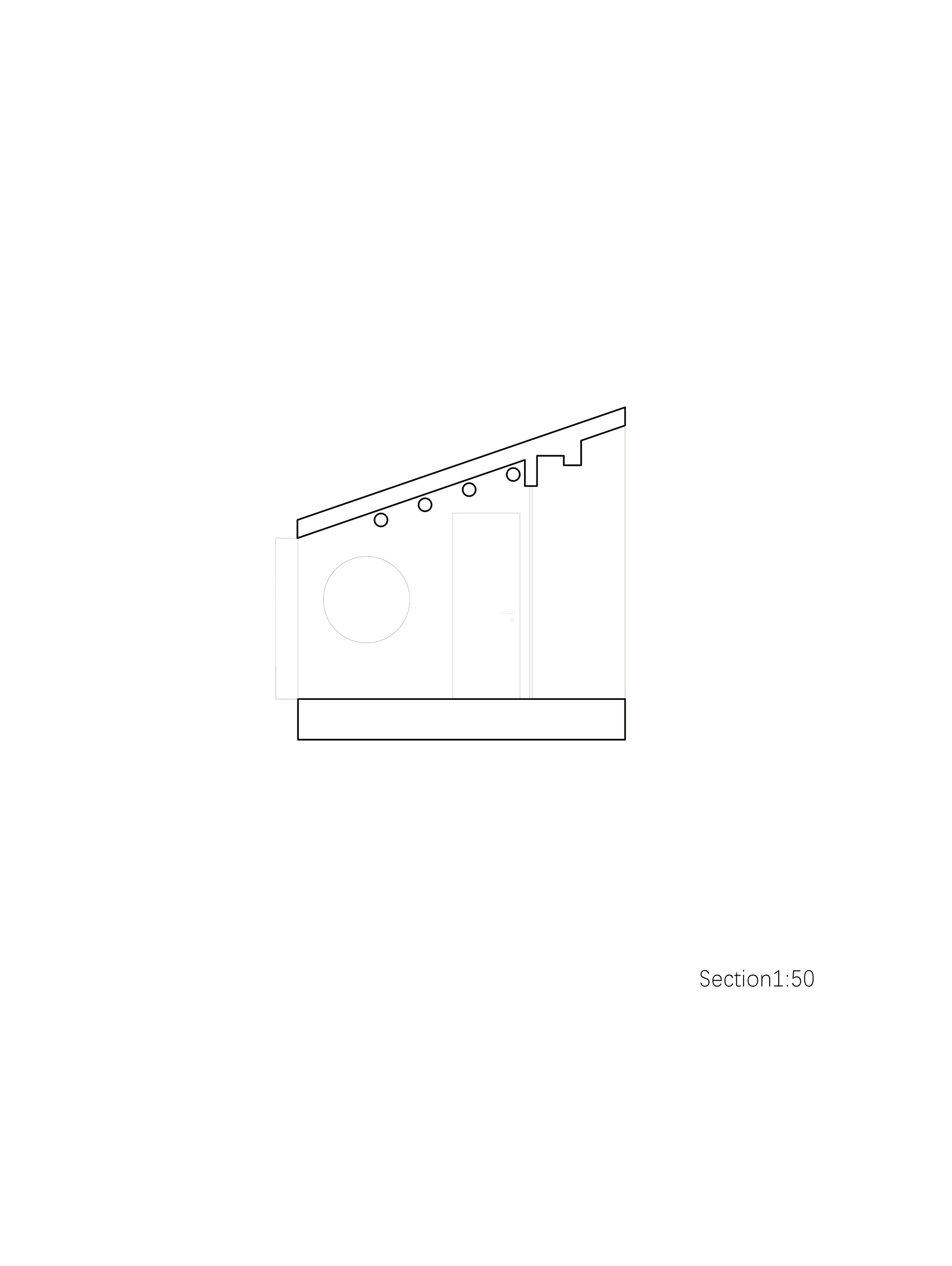 Section drawing at 1:50 of a small volume with a sloped roof, track lights, a round window and a door