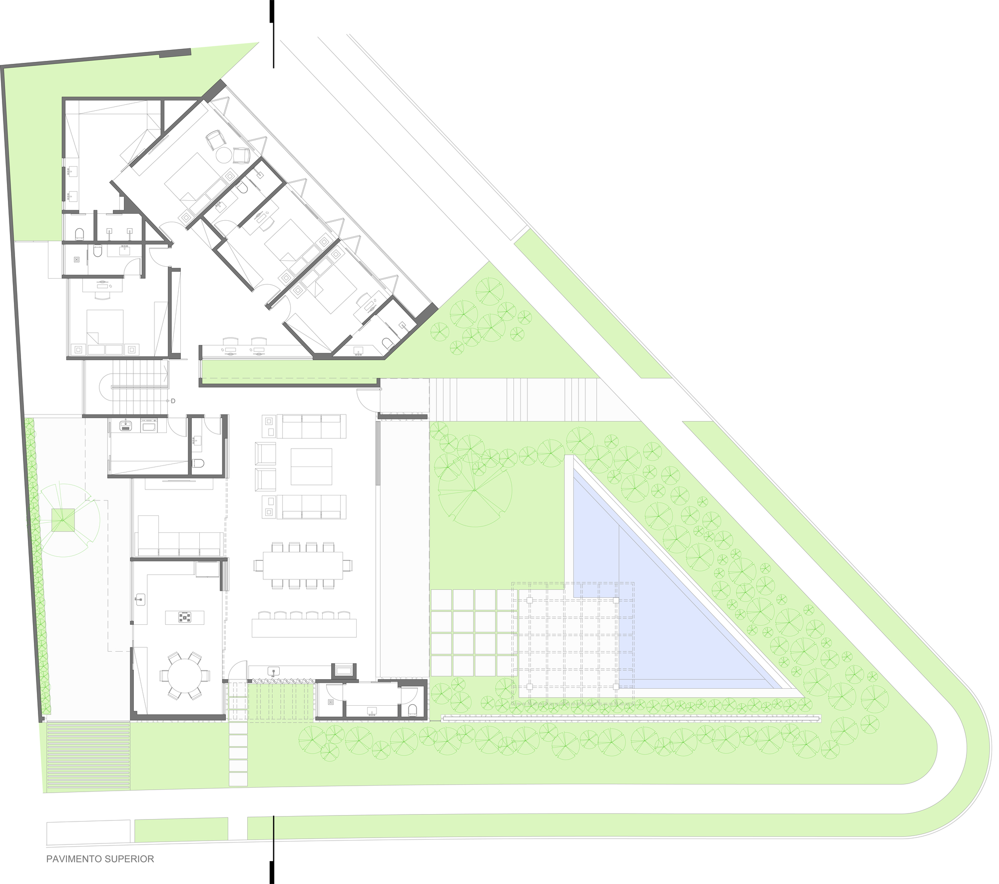 Floor plan drawing of a triangular lot showing bedroom wing, living and dining areas, a triangular pool and pergola set in a landscaped garden