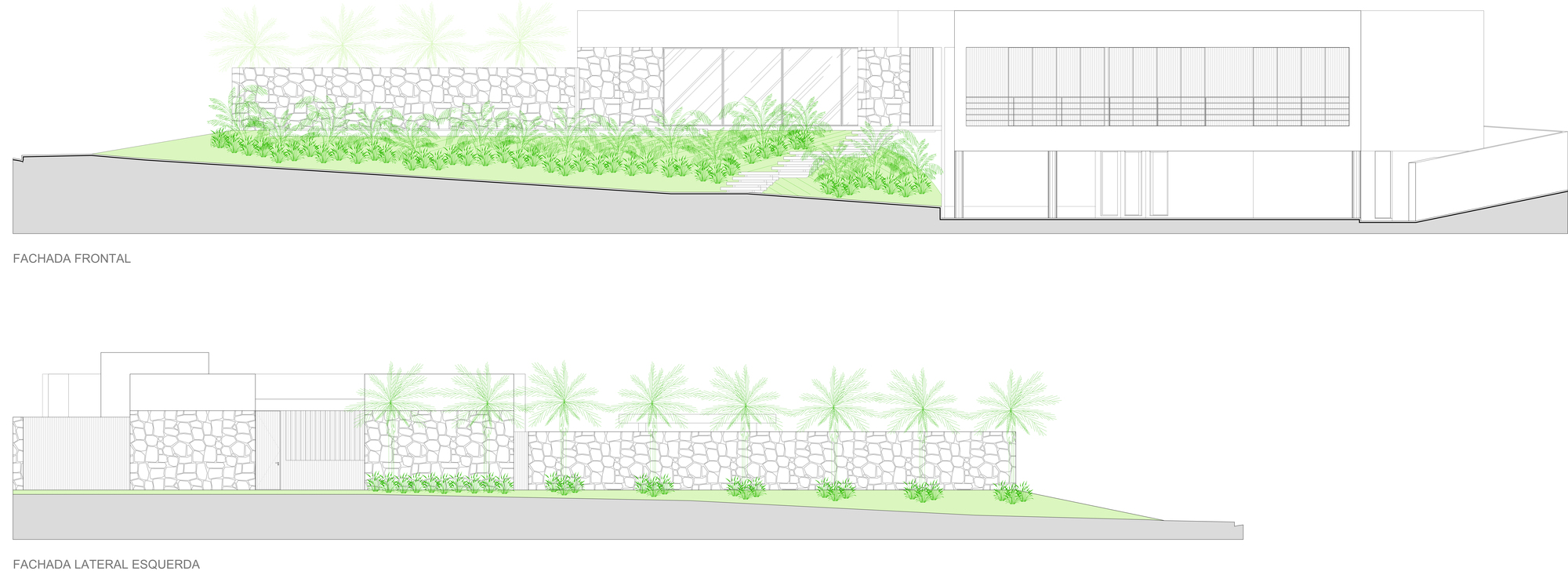 Elevation drawing pair showing the front facade and left side facade, with stone retaining walls and planting along a sloping site