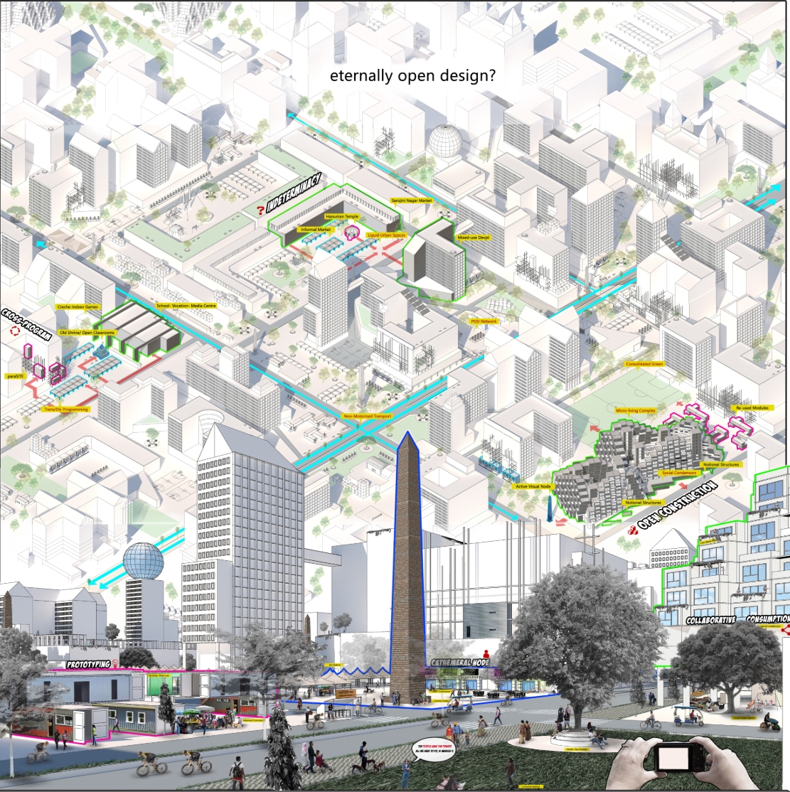 Isometric collage drawing of a dense city district with an obelisk, tower blocks and street-level figures, with a pair of hands holding a camera at the corner. Image: Shaurya Chauhan