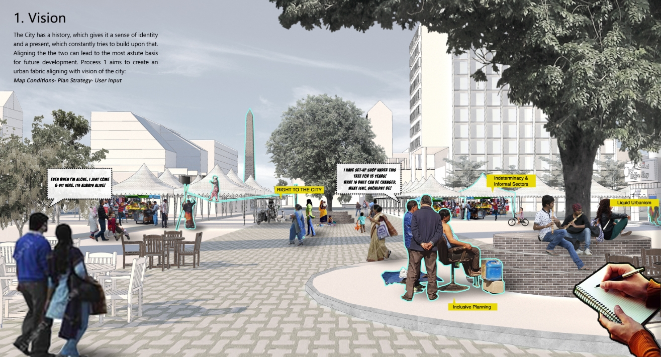 Rendered collage of a paved plaza with market tents, an obelisk in the distance and people gathered on a brick seating ring beneath a large tree. Image: Shaurya Chauhan