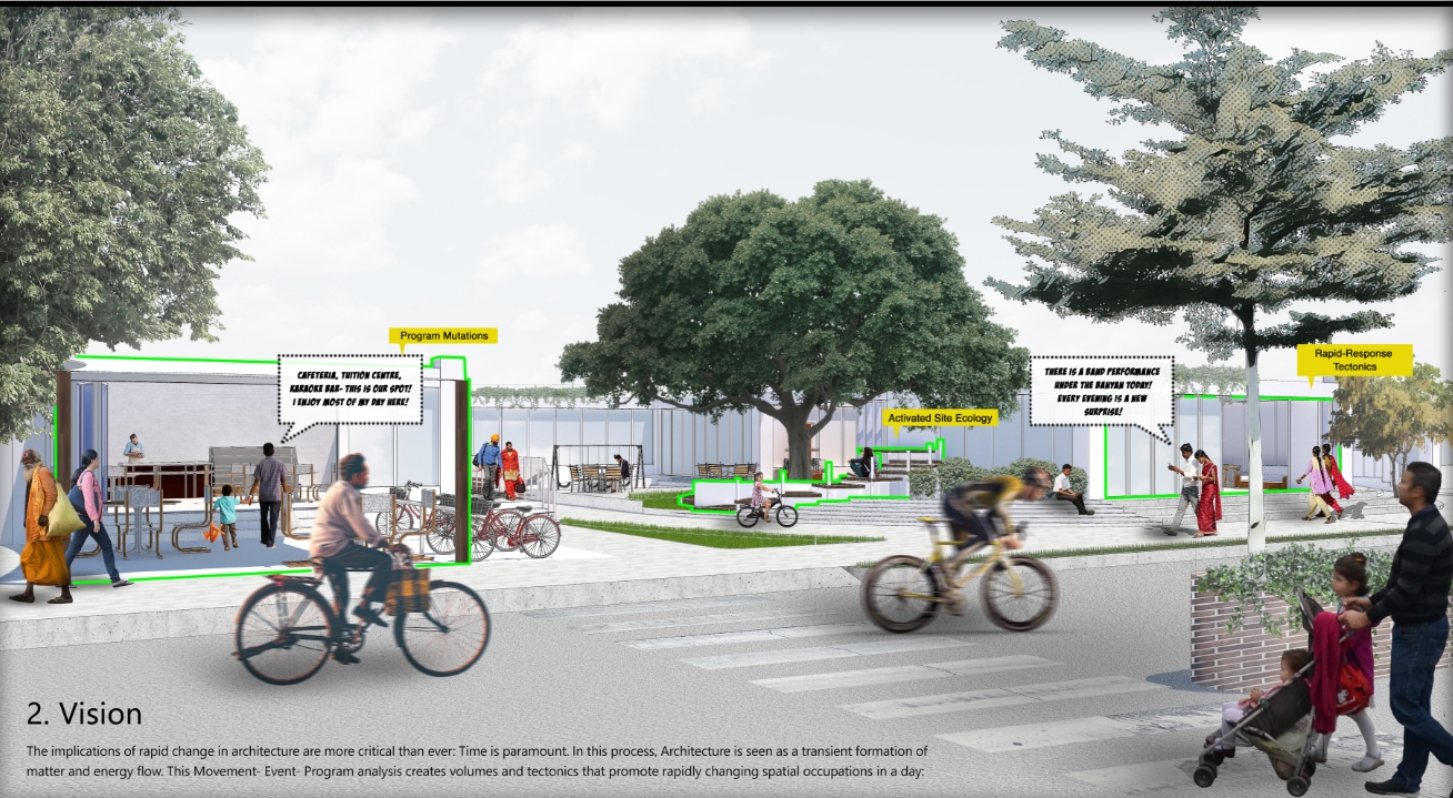 Collage view of a street crossing with cyclists in the foreground and a pavilion and terraced seating beneath large trees under an overcast sky. Image: Shaurya Chauhan