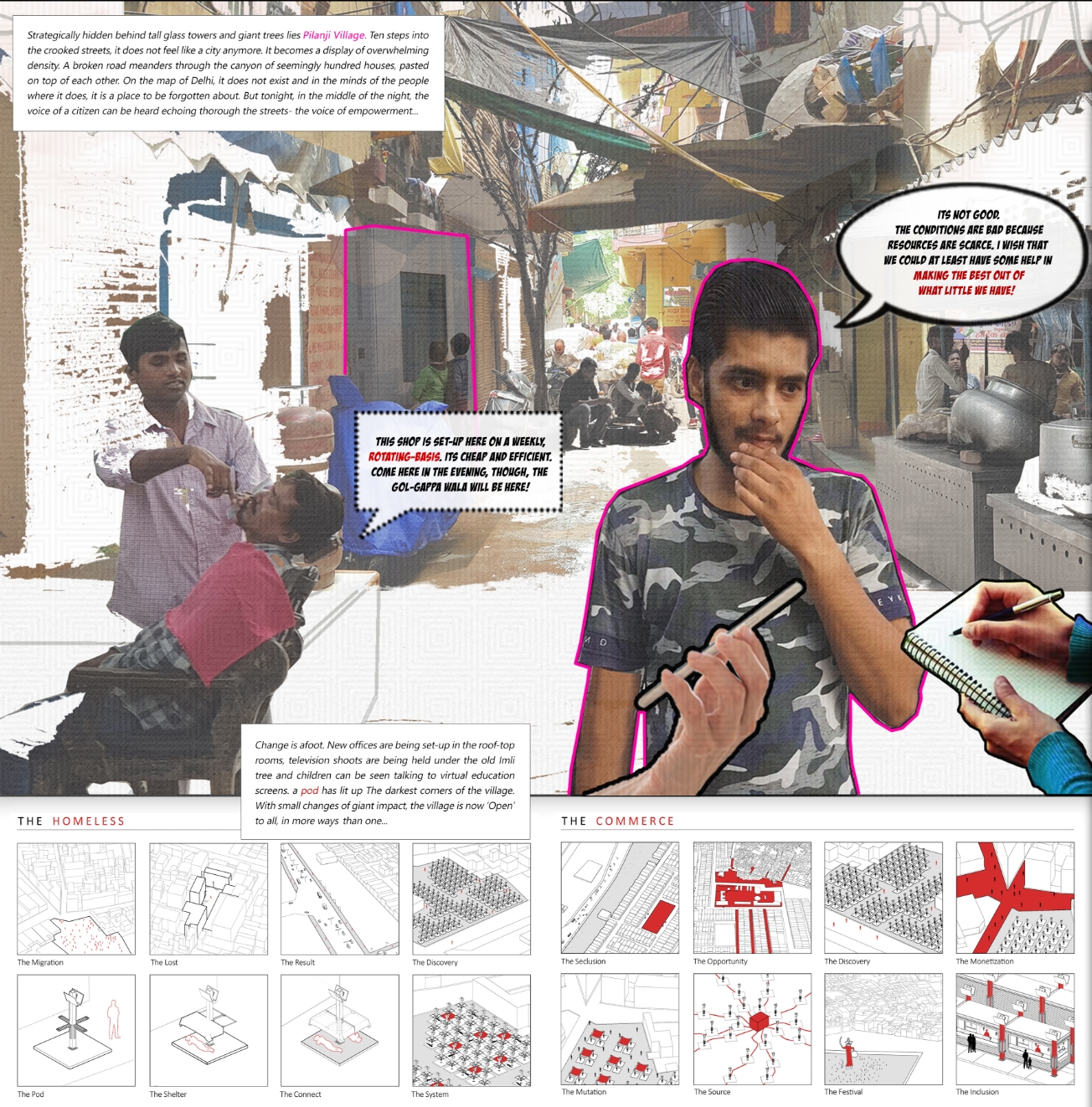 Photo collage of a narrow village lane with a barber at work and a young man in camouflage shirt, above rows of small diagrammatic drawings. Image: Shaurya Chauhan