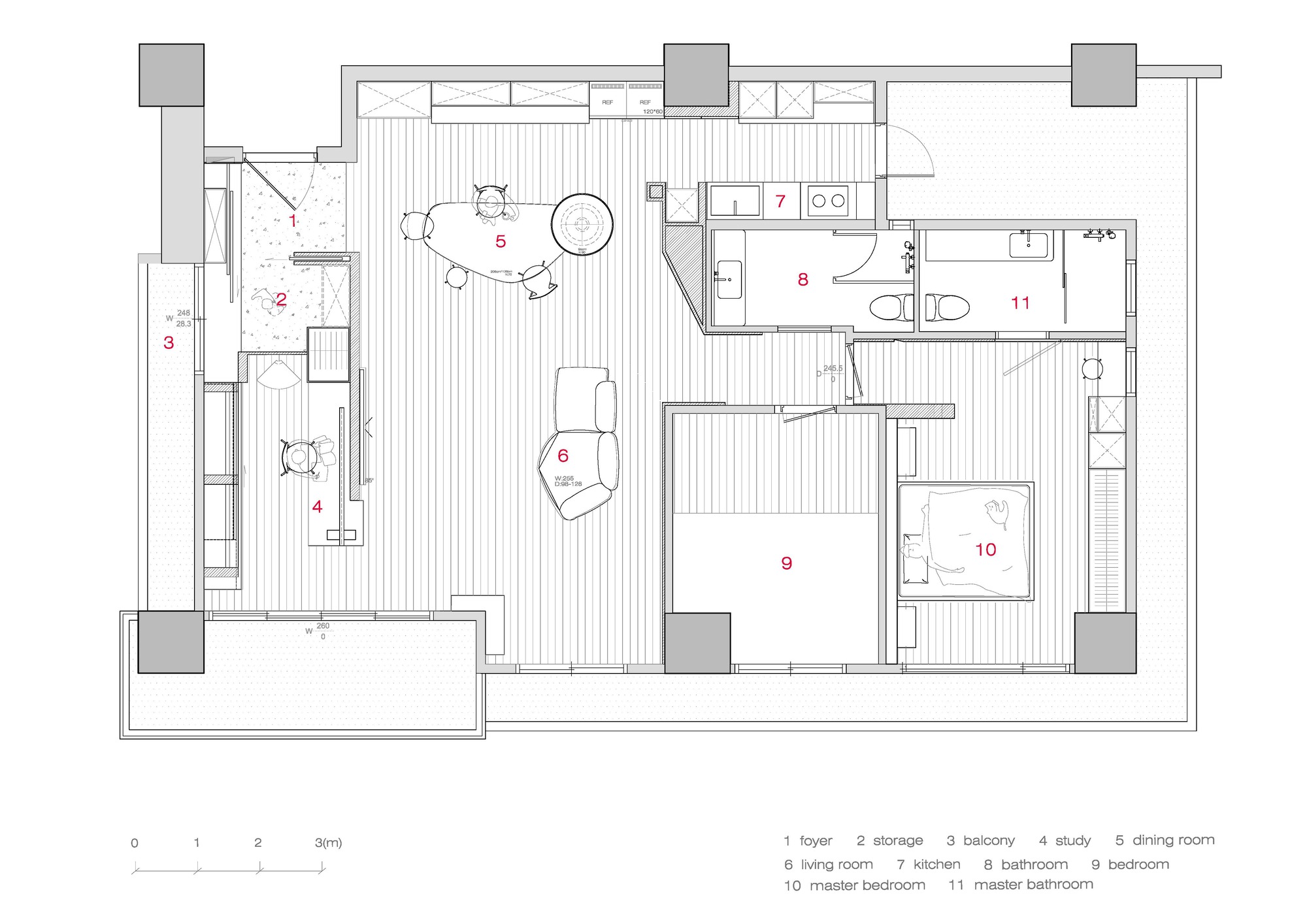 Floor plan drawing of an apartment with foyer, study, dining and living areas, kitchen, bedrooms and bathrooms around a central open space