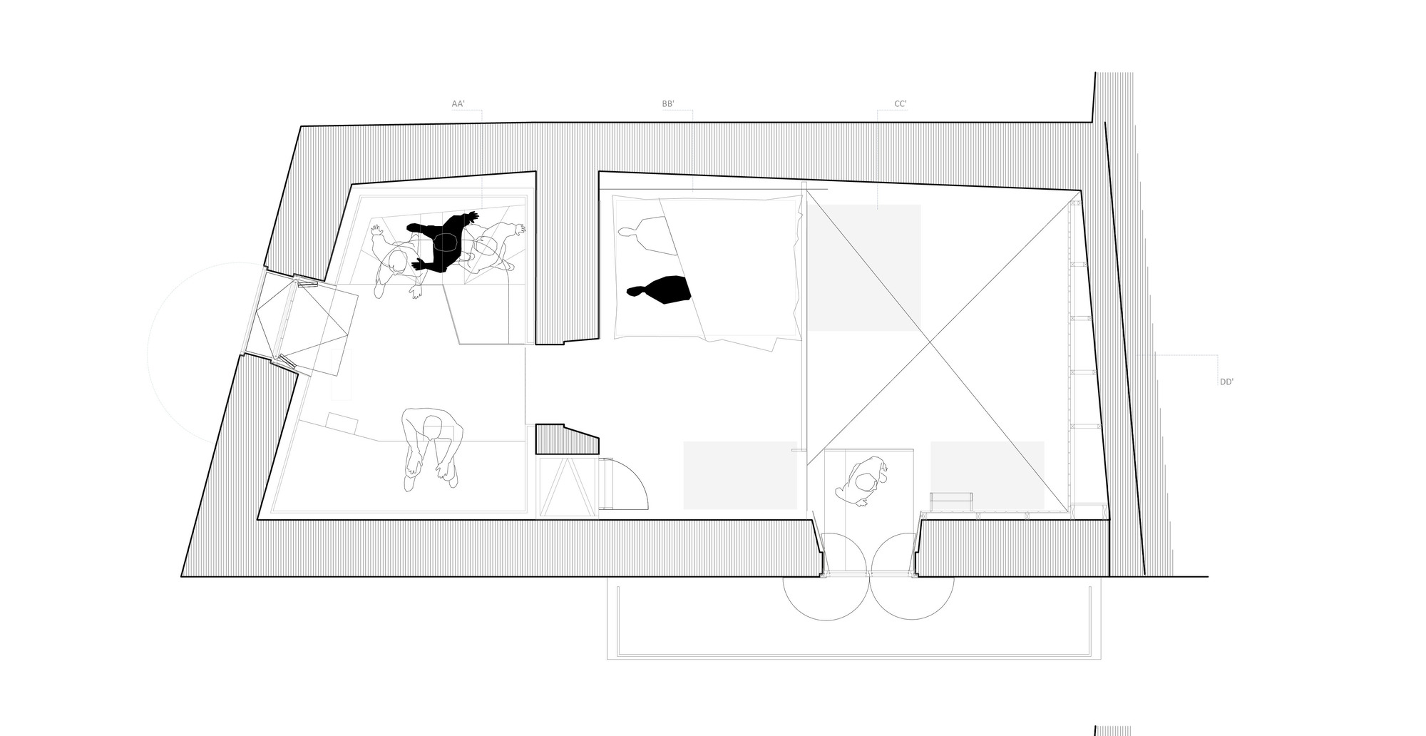 Floor plan drawing of an irregular room with thick walls, a bed, seating and a square roof or skylight marked with diagonals