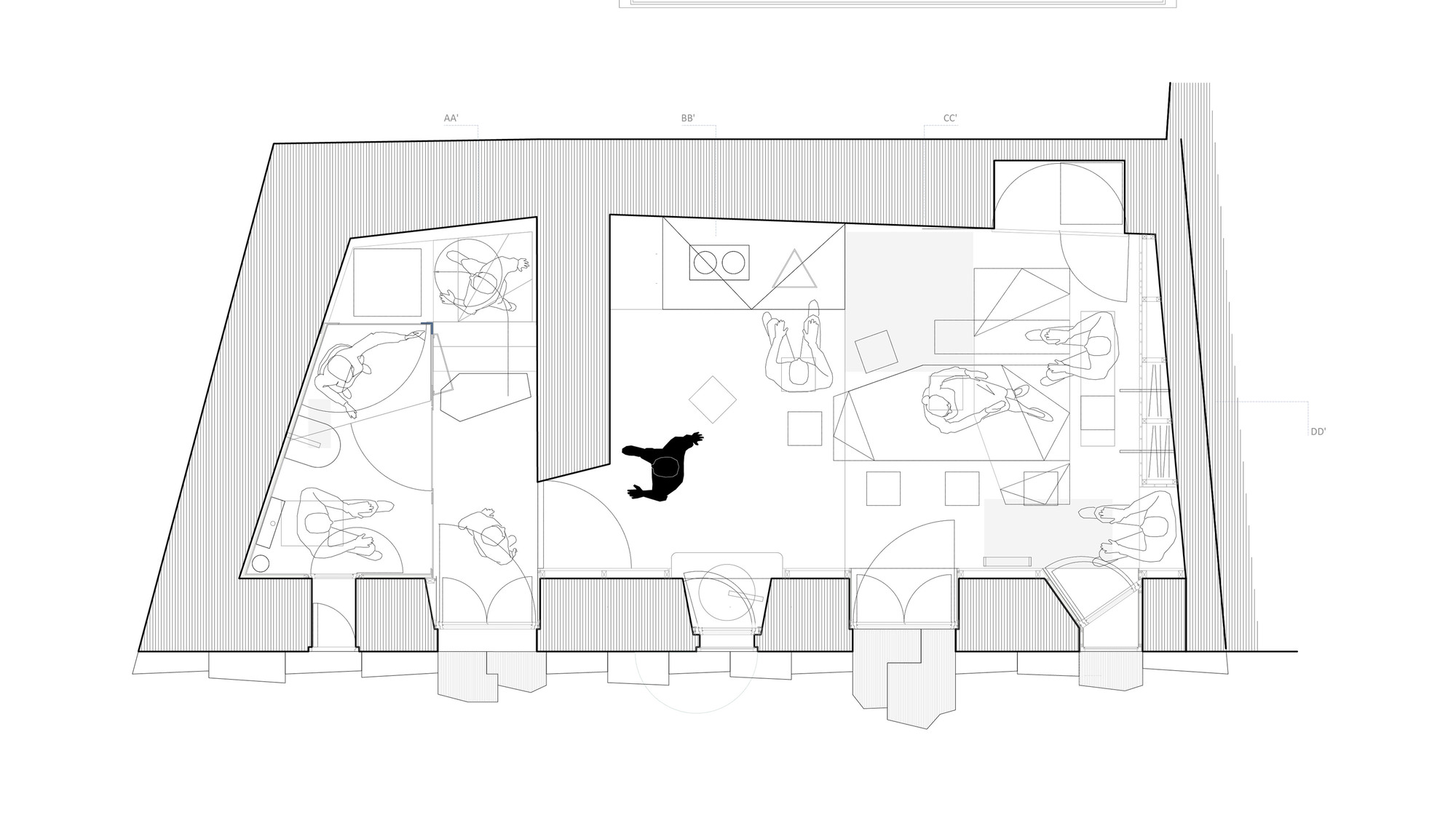 Floor plan drawing of an irregular stone-walled room with furniture, figures, several window openings and doors along the lower wall