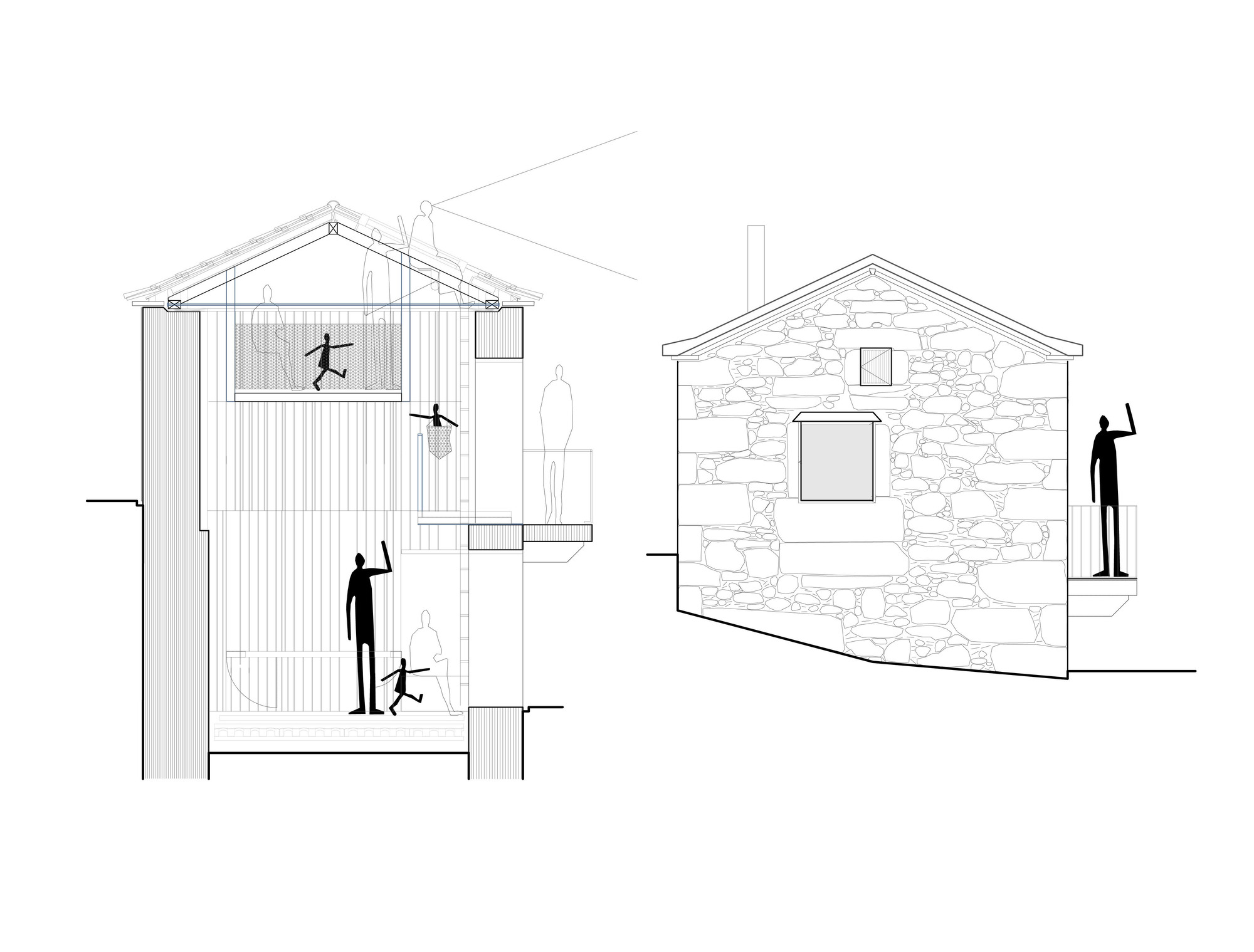 Section and elevation drawing of a small gabled stone house, with silhouetted figures on stairs, a loft and a side balcony