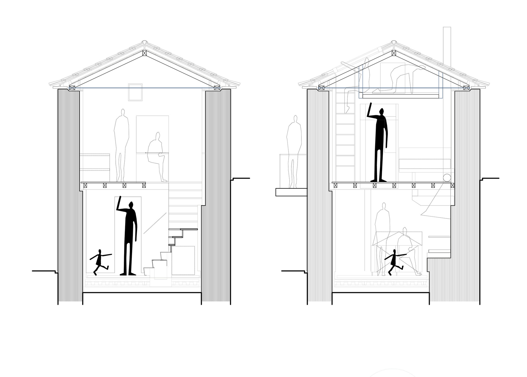 Pair of cross-section drawings of a two-storey gabled house showing a timber floor, stairs, a ladder and scaled human figures