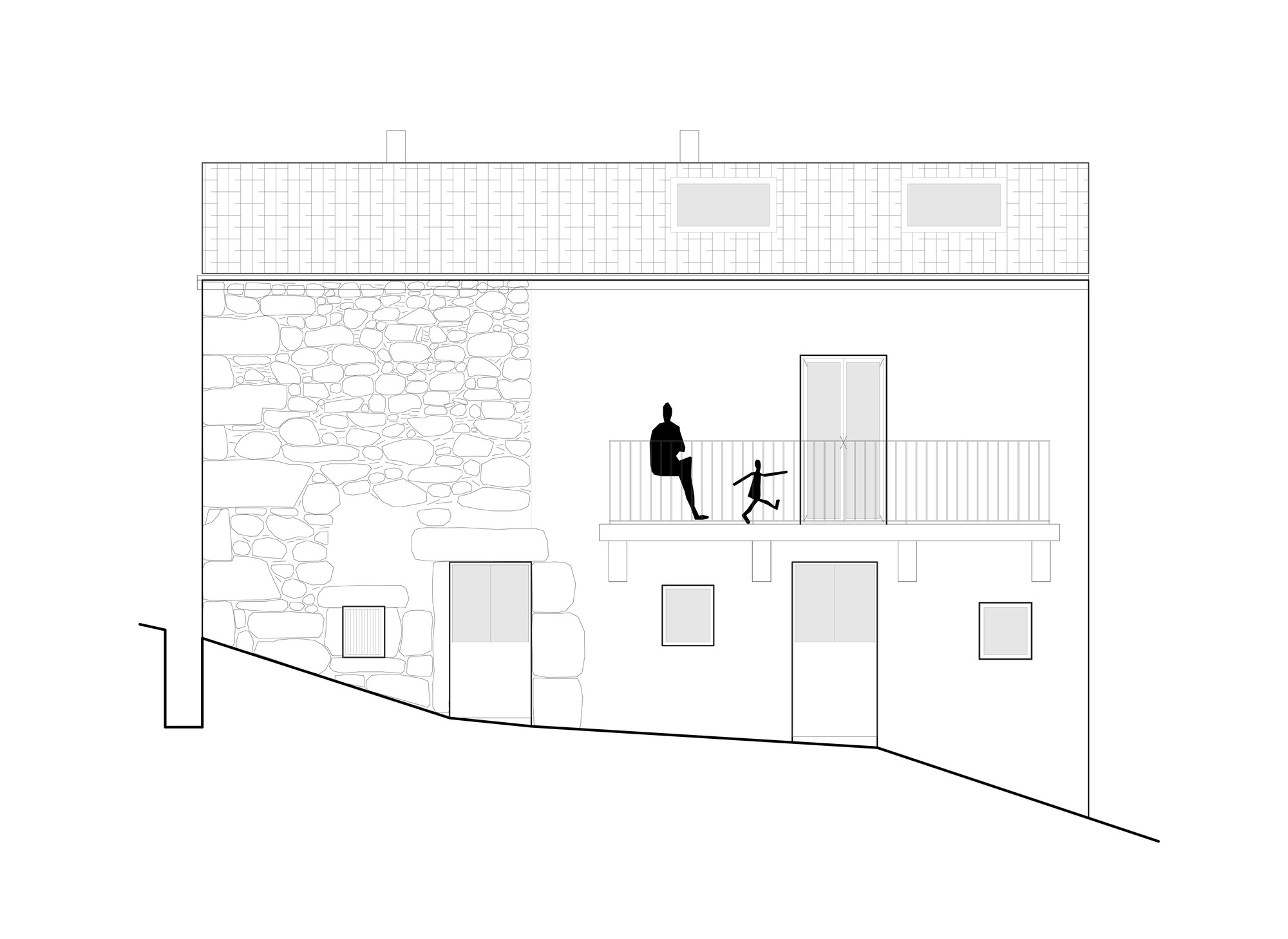 Elevation drawing of a sloping-site house with partial stone wall, tiled roof, first-floor balcony and two figures on it