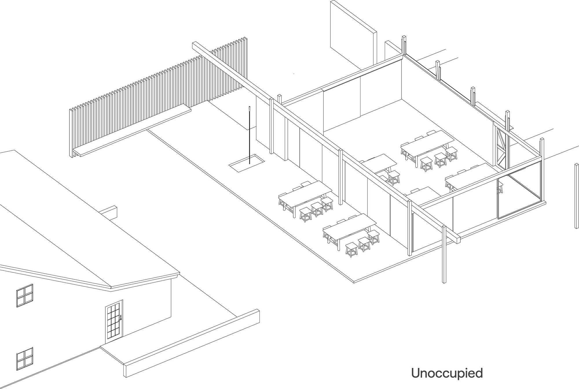 Axonometric drawing labeled unoccupied, showing an open-sided pavilion with long tables and stools beside a small gabled building