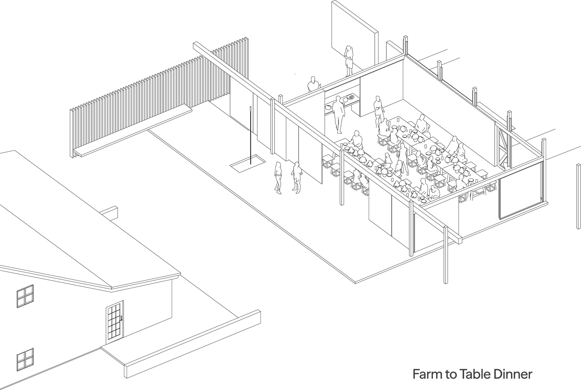 Axonometric drawing of a pavilion arranged for a farm to table dinner, with long communal tables, seated guests and standing servers beside a slatted wall