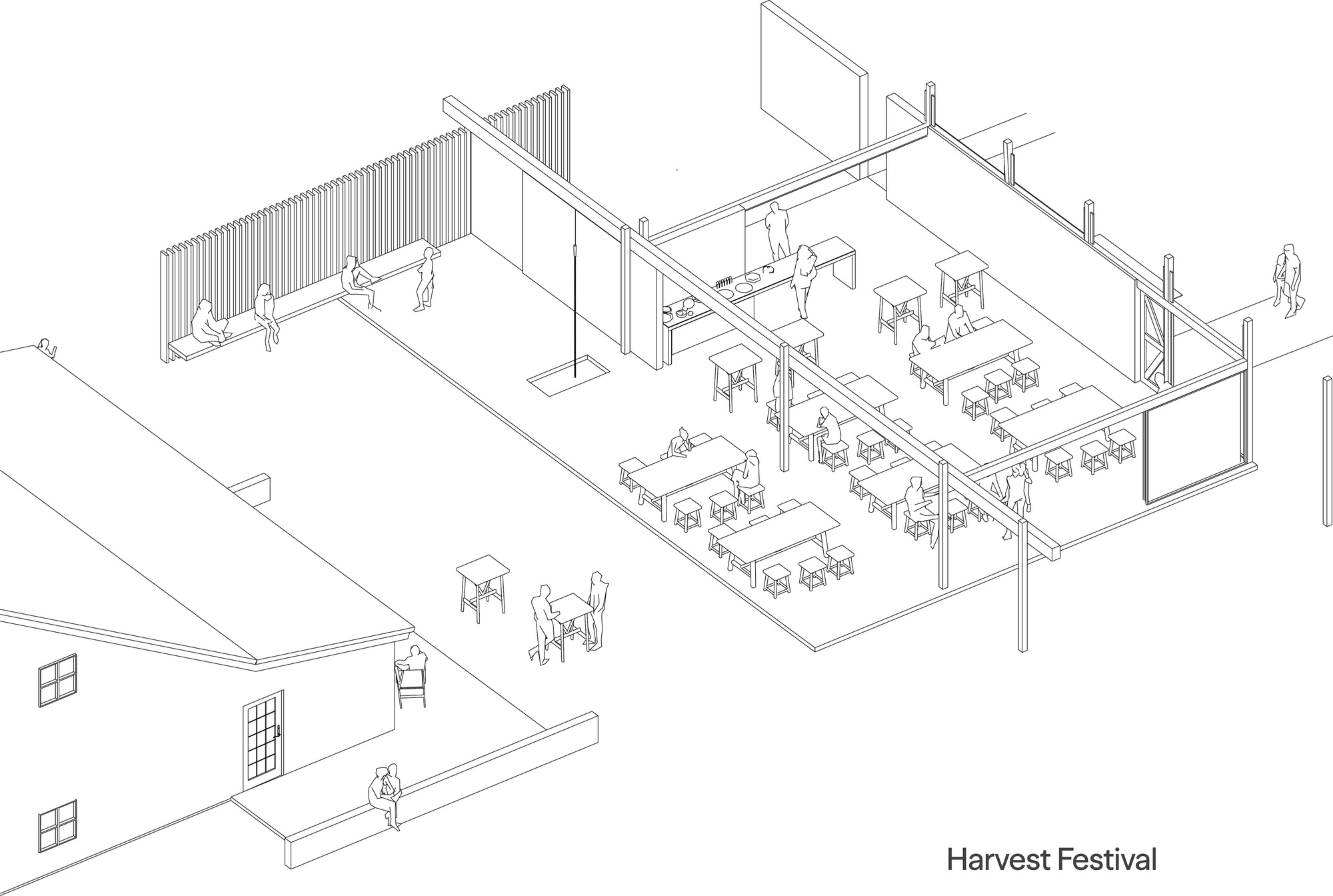 Axonometric drawing of the pavilion set up for a harvest festival, with scattered tables, stools and people seated along the slatted wall and low bench