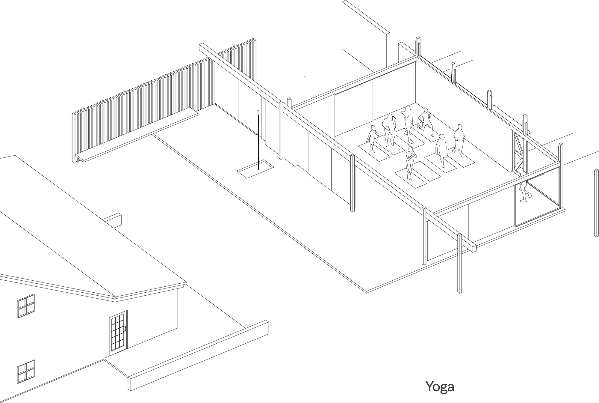 Axonometric drawing of the pavilion used for a yoga class, with figures standing on mats inside the open timber frame