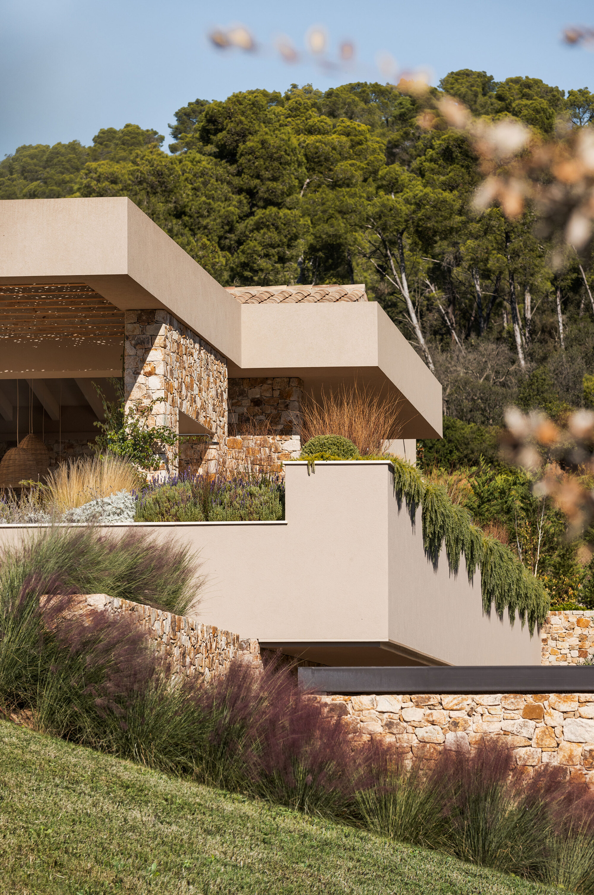 Cantilevered stucco roof slabs over stone walls, with trailing plants spilling from the terrace edge against a pine-covered hillside