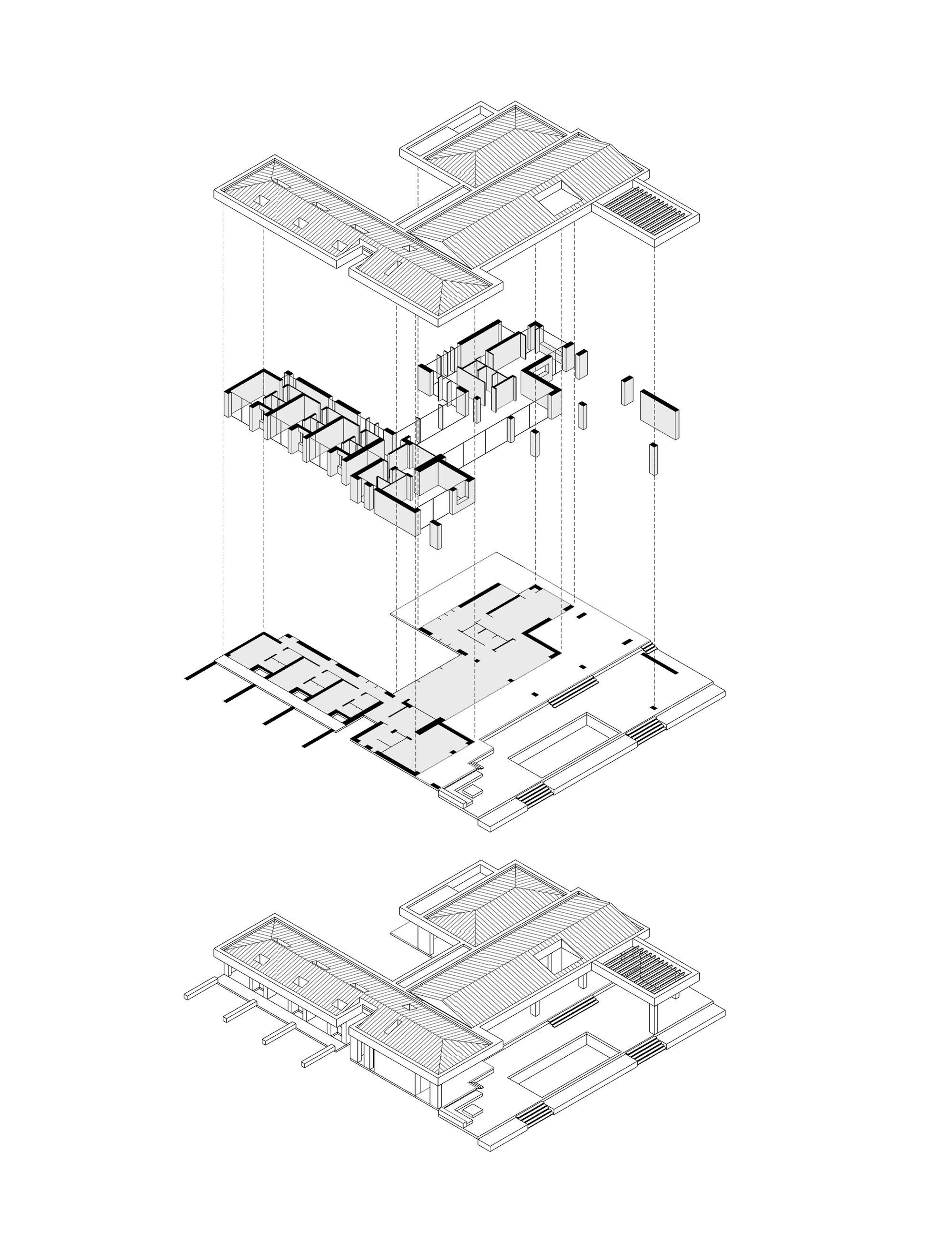 Exploded axonometric drawing separating the roofs, walls and floor plate of a low, wing-shaped house, with the assembled view below