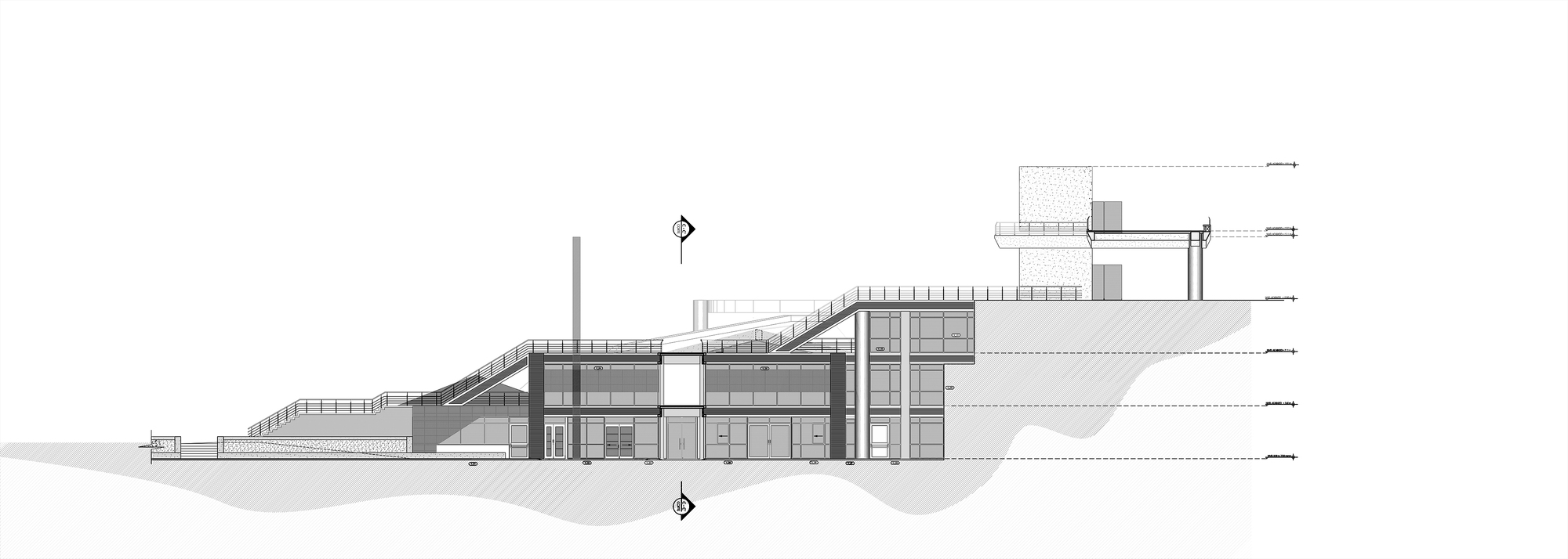 Elevation drawing of a stepped hillside building with glazed volumes, long exterior ramps and a cantilevered block at the top