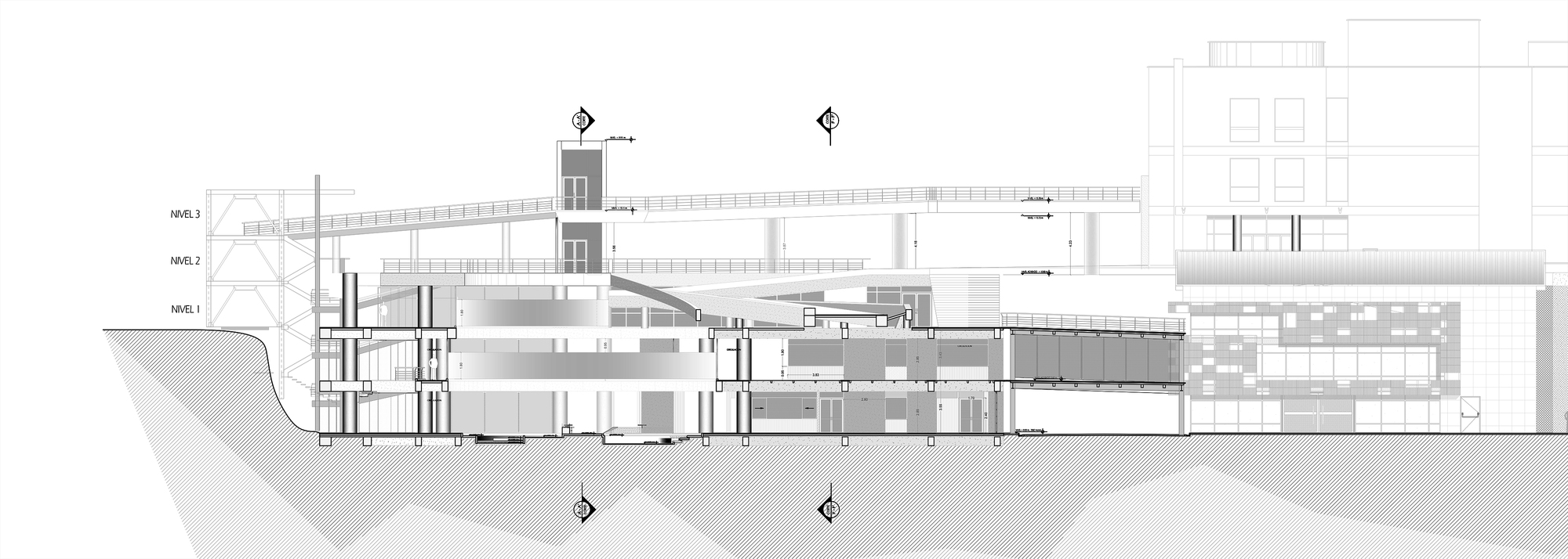 Section drawing cutting through a multi-level building on sloping ground, with a raised walkway and level markers above