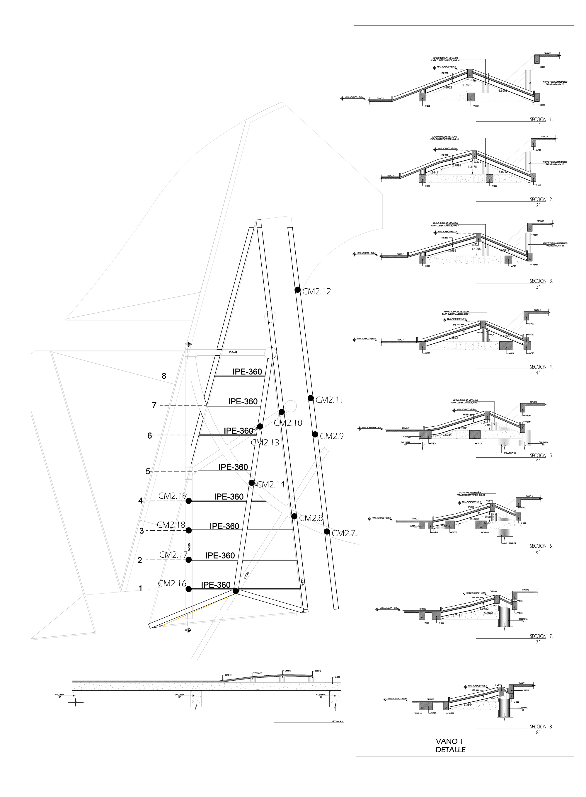 Structural detail drawing of a triangular steel frame with numbered IPE-360 beams, beside a column of small roof section profiles