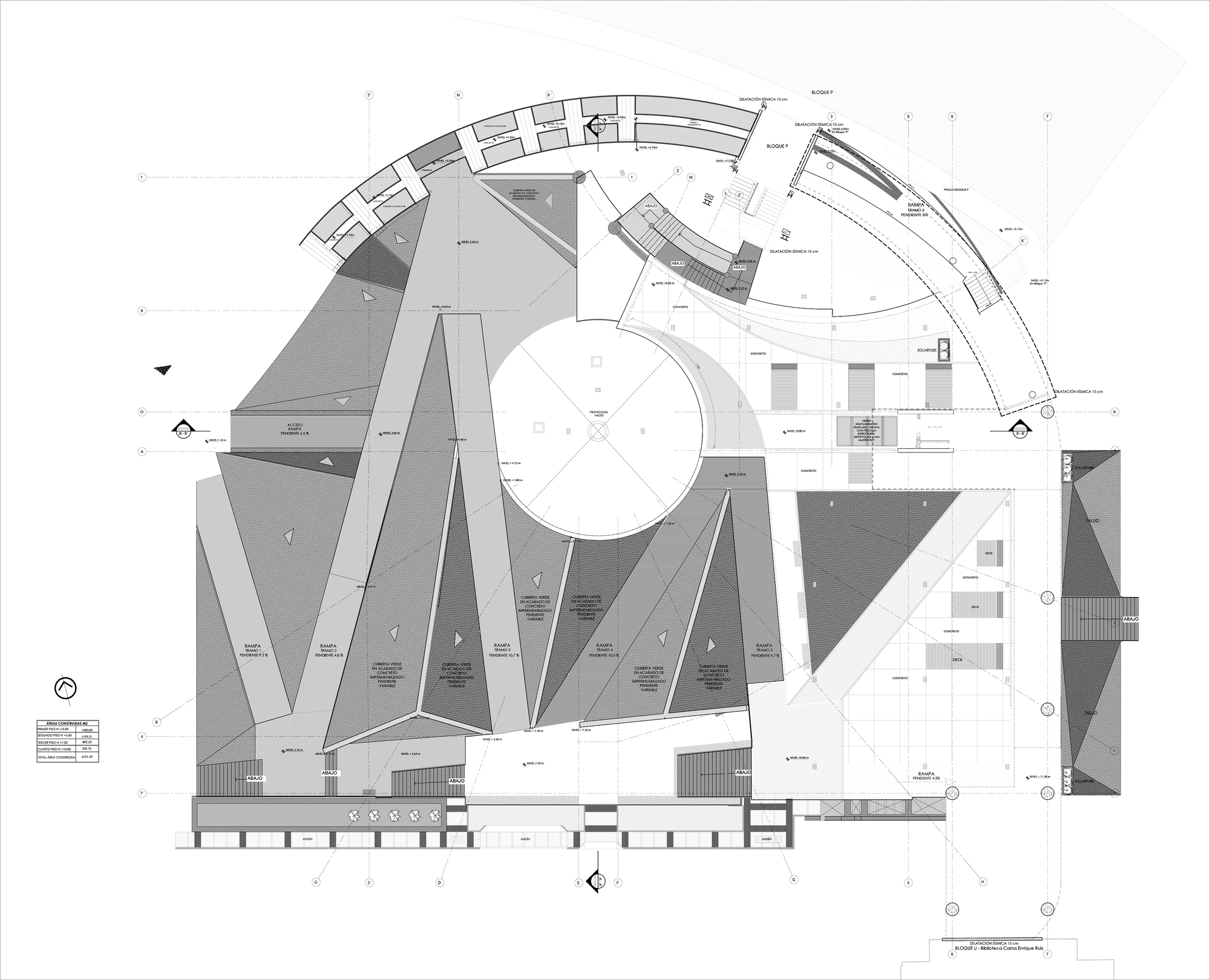 Roof plan drawing of faceted triangular roof planes arranged around a central circular void, with a curved wing along the top