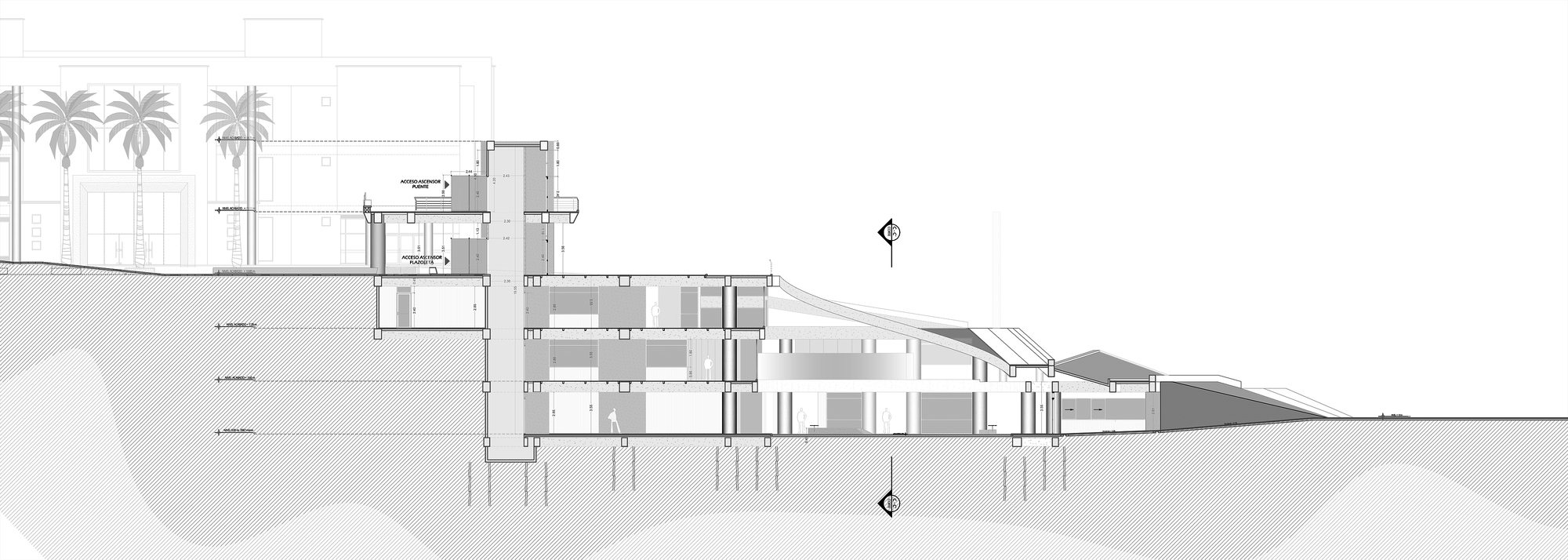 Section drawing cutting through stepped floors built into a sloping hillside, with a tall vertical shaft and palm trees at left