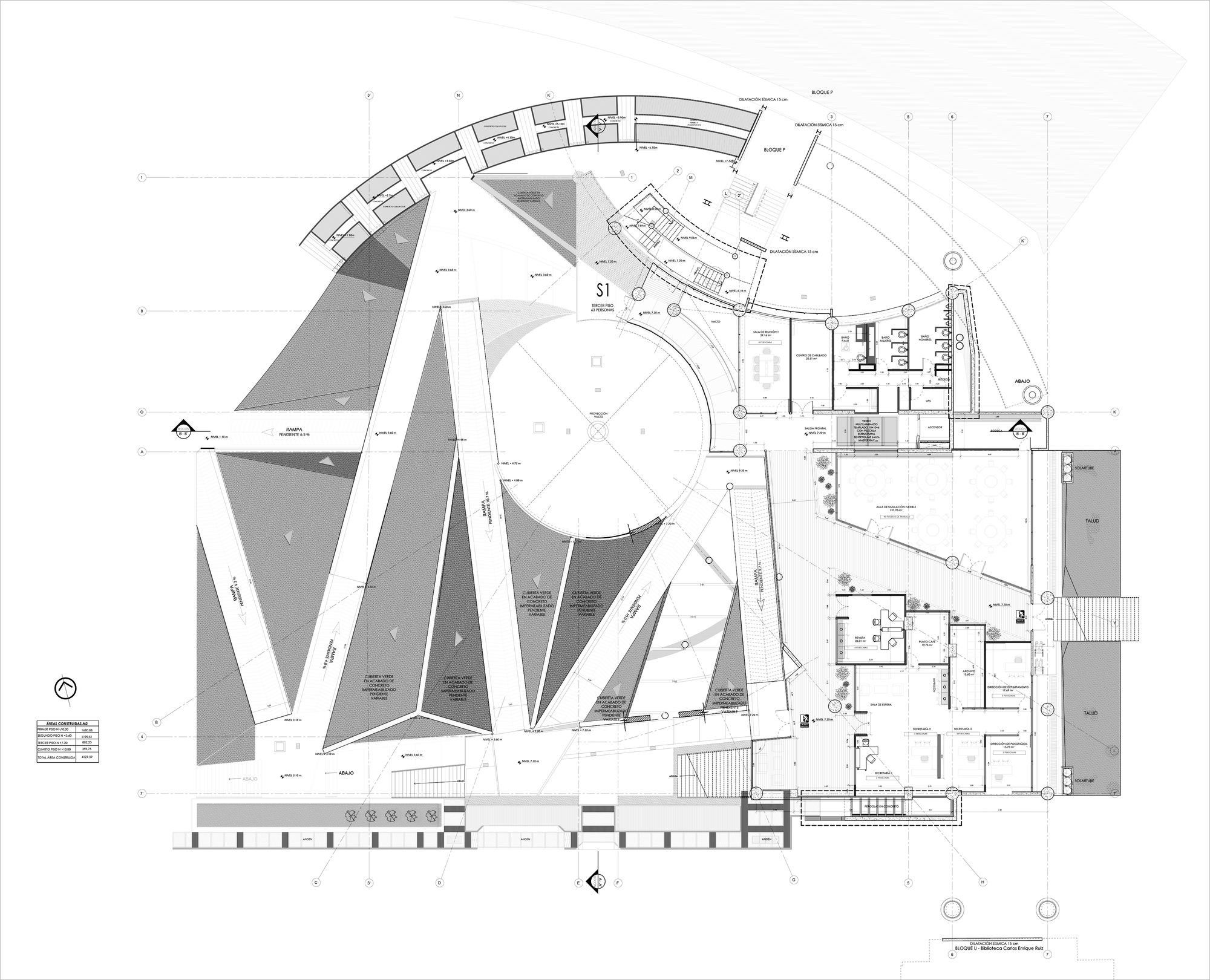 Floor plan drawing showing angular triangular roof planes fanning around a central circular void, with offices and a curved walkway at right