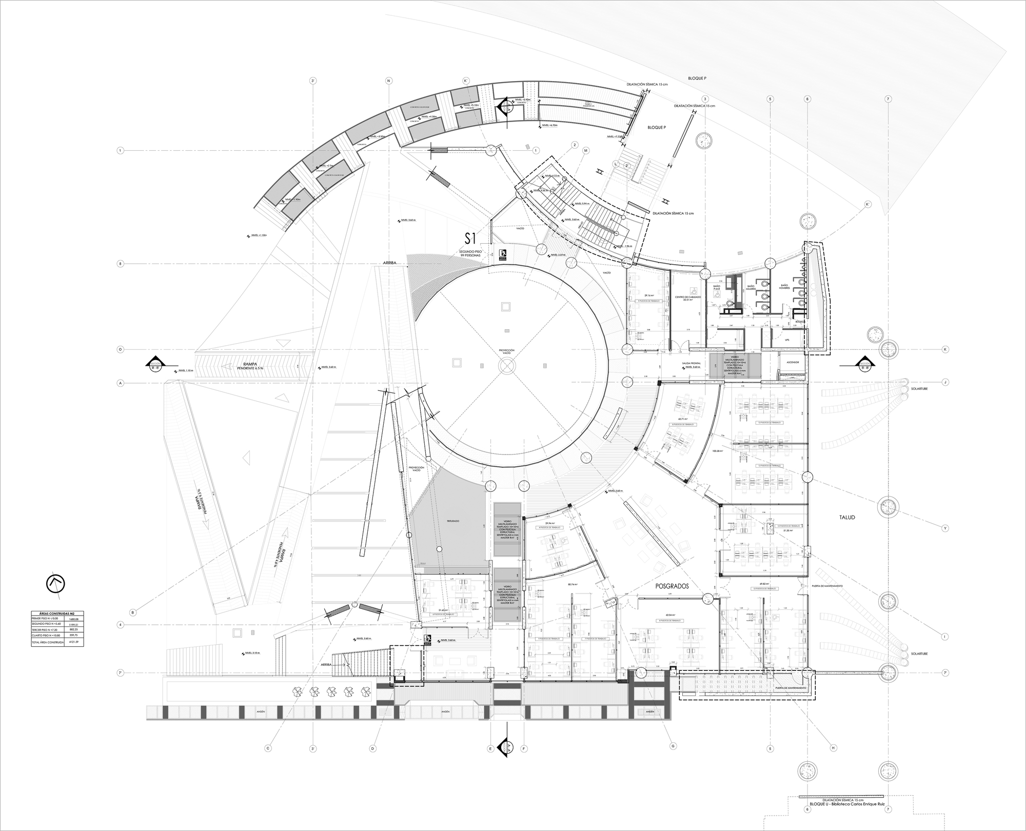 Floor plan drawing of a lower level with a circular core, radiating rooms and a curved walkway along the top edge