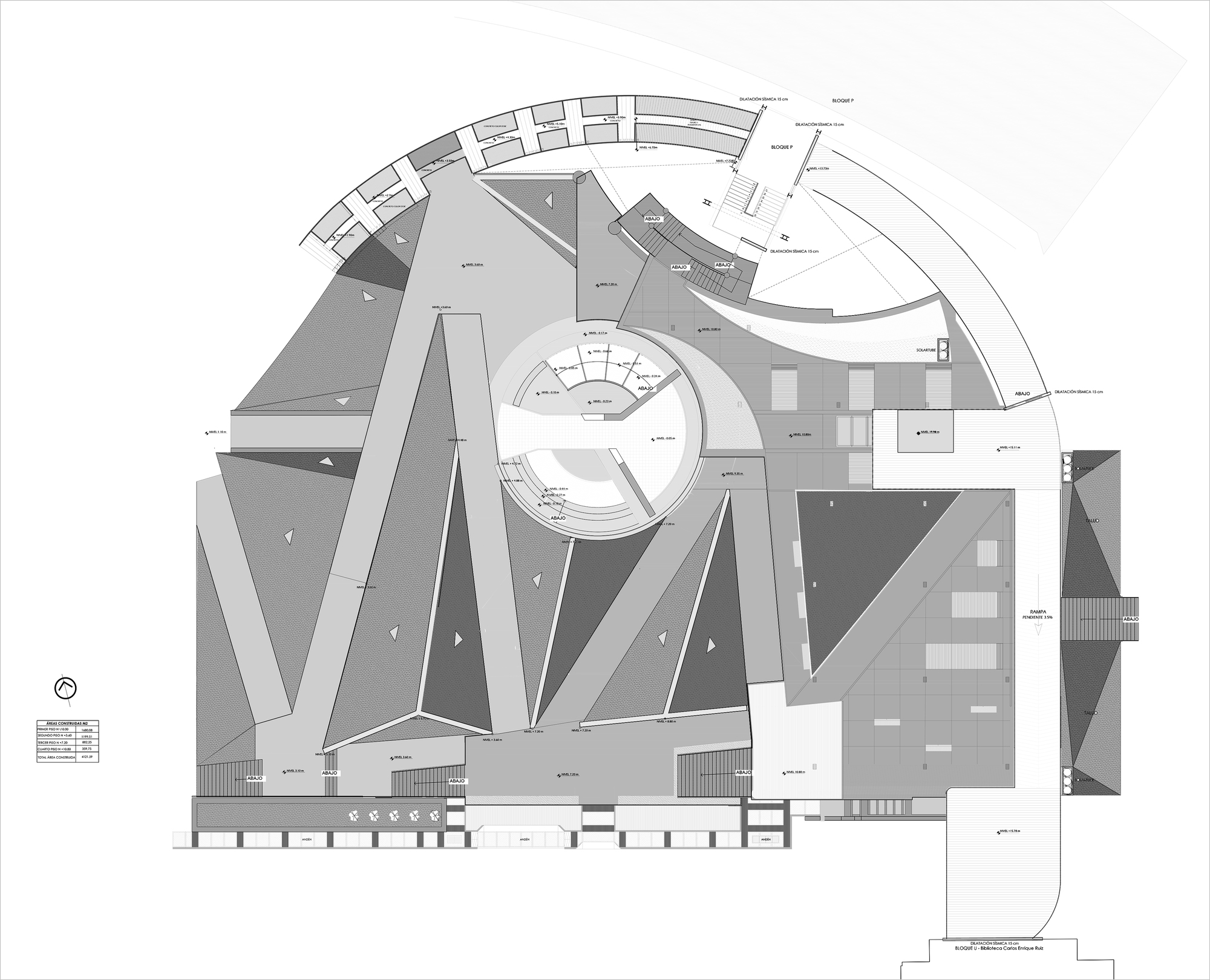 Roof plan drawing showing shaded triangular roof facets around a circular opening with curved tiered seating inside