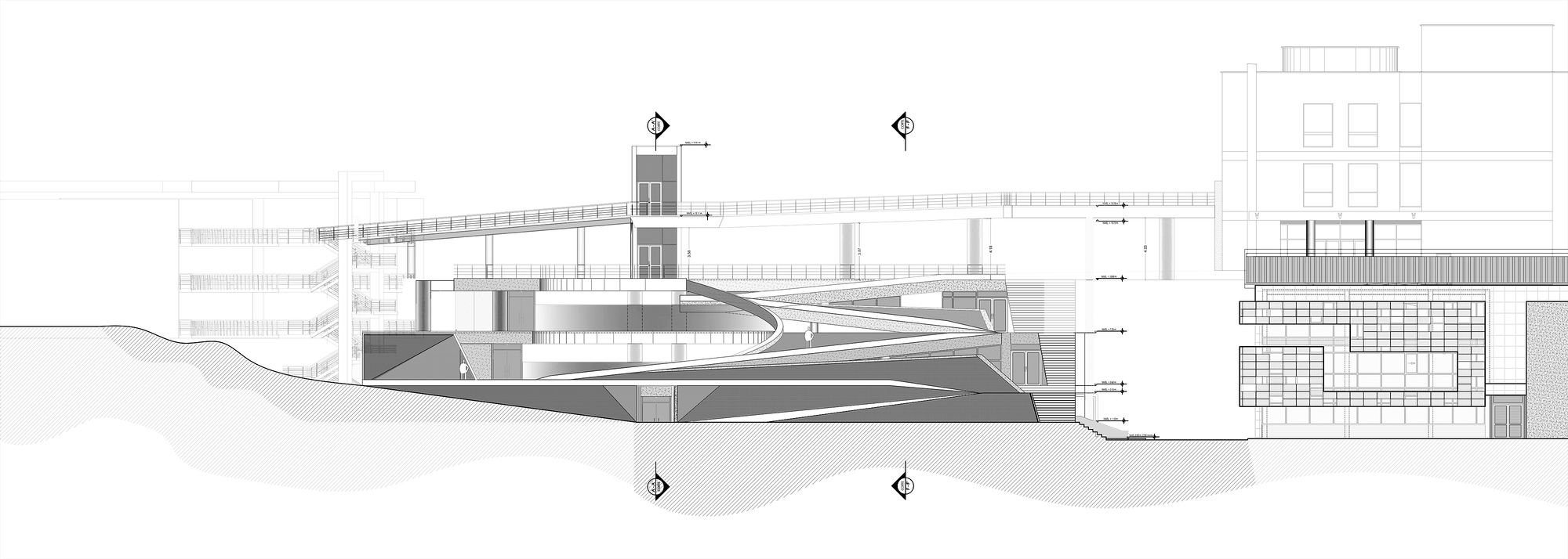 Elevation drawing of a low building with swooping ramps, a tall circulation tower and a long elevated bridge above