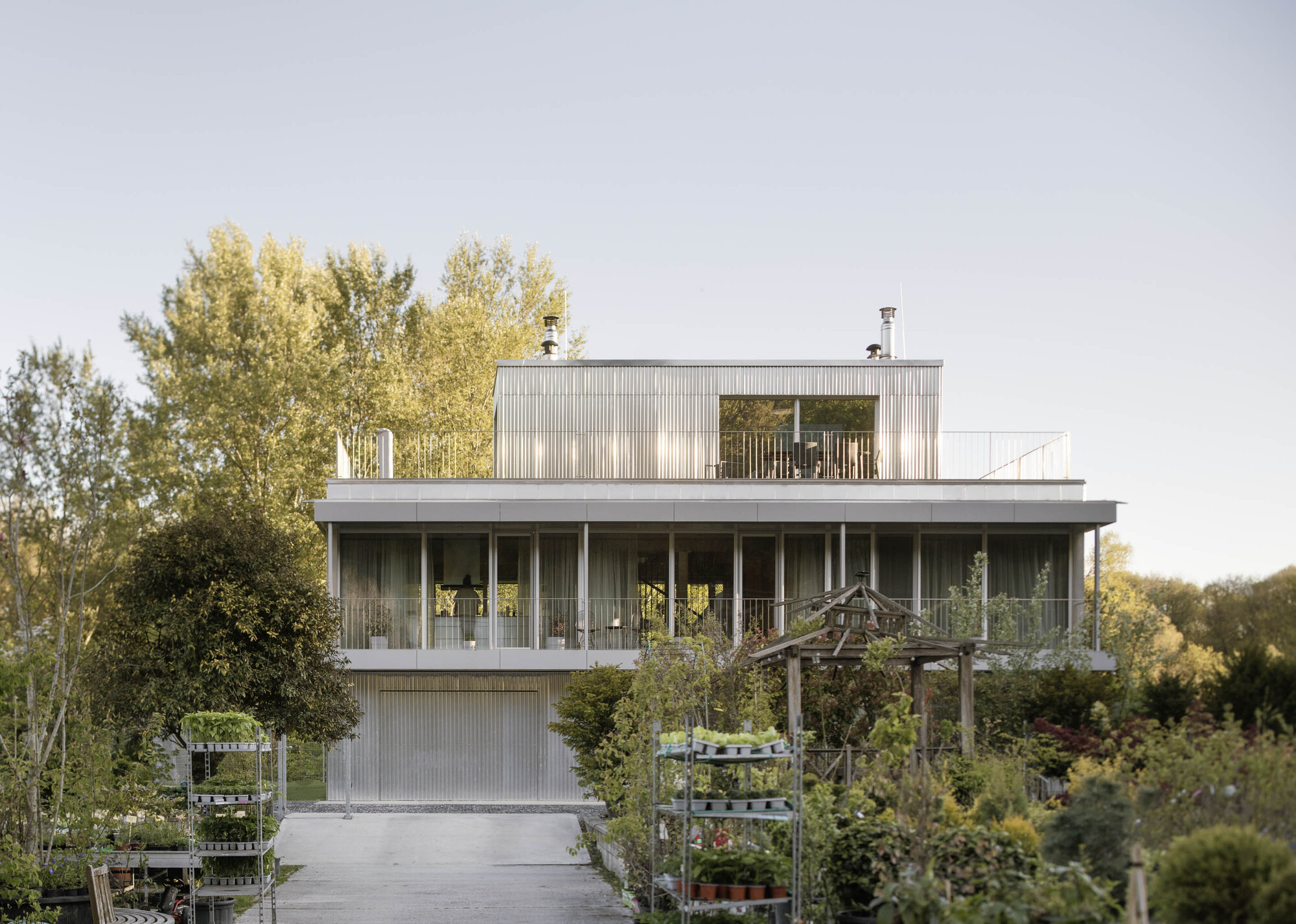 Three-storey corrugated metal house with glazed middle floor and rooftop terrace, seen over a nursery garden in warm evening light