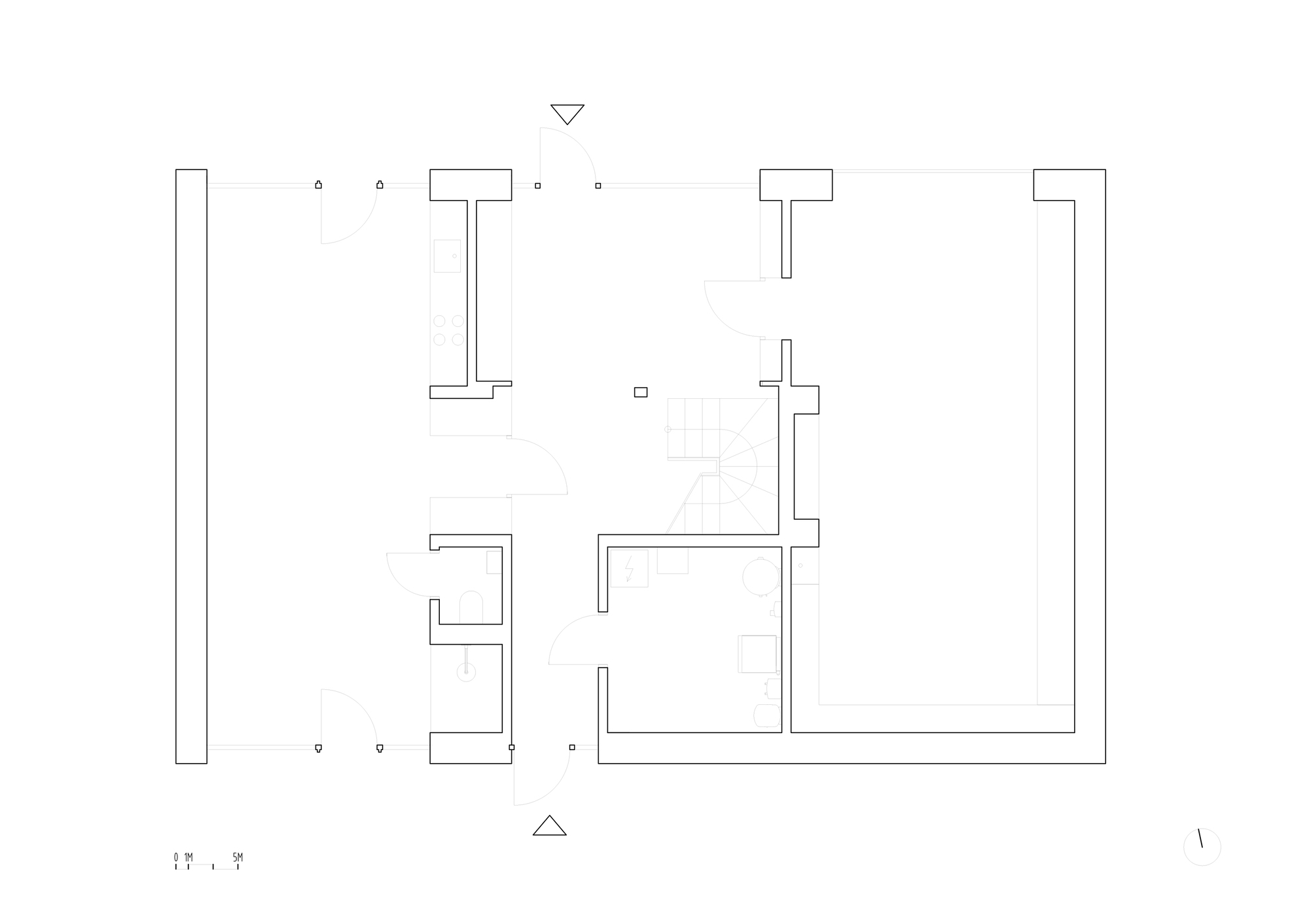 Ground floor plan drawing showing a central stair, a kitchen block, a bathroom and a small utility room between two long walls