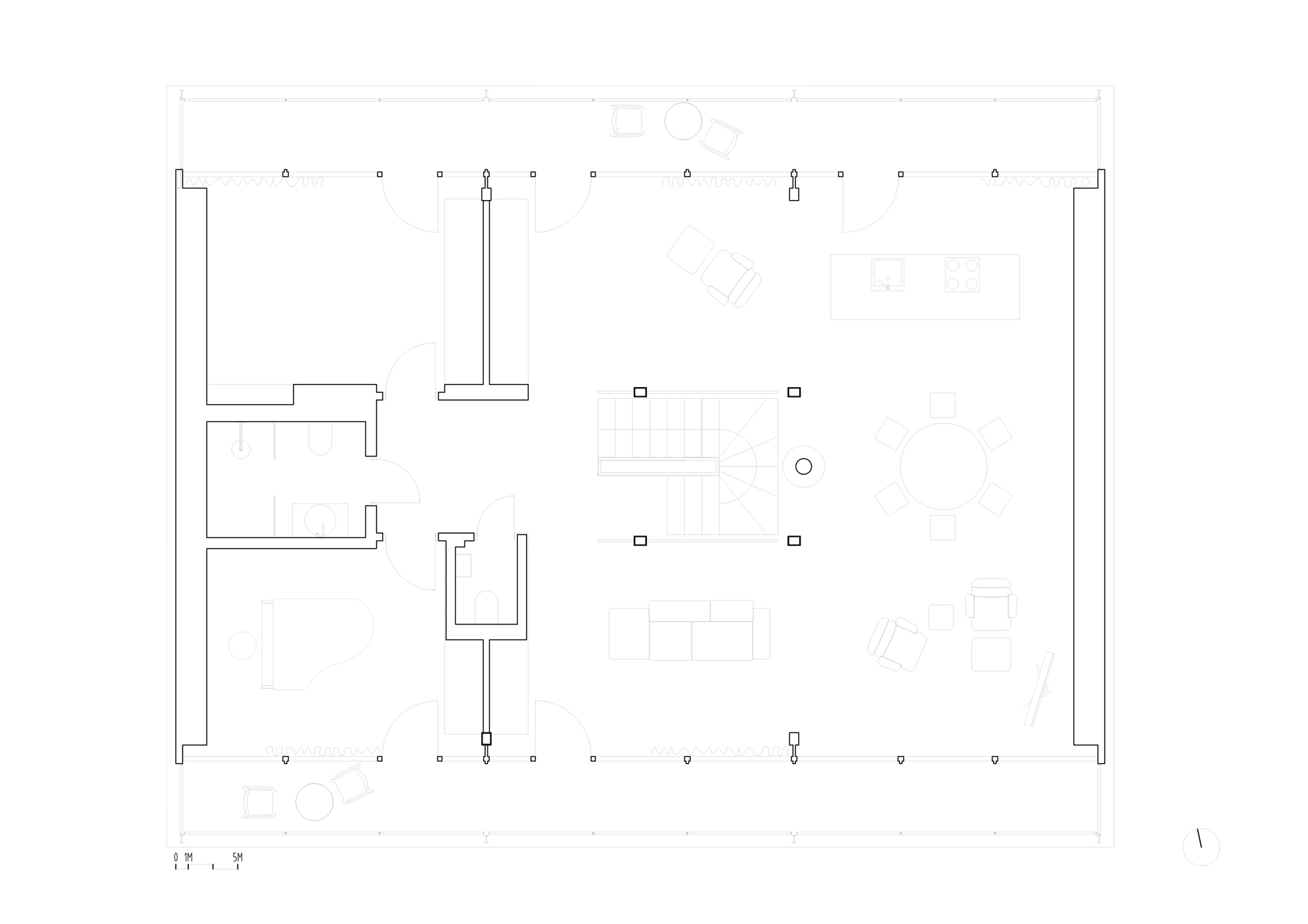 Upper floor plan drawing with furnished open living space, dining table, kitchen island and piano around a central stair and slim columns