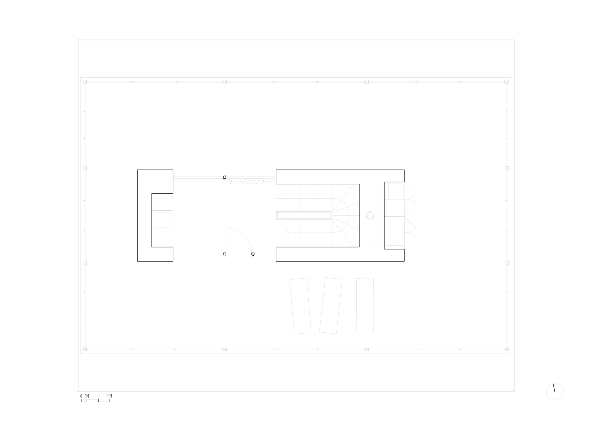 Top floor plan drawing with a stair core and two small wall enclosures set inside a large rectangular roof outline