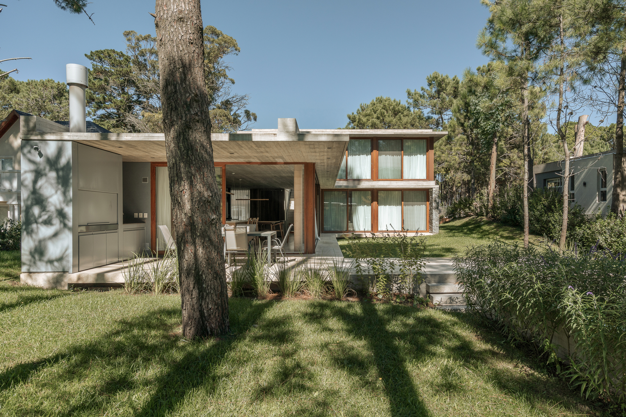 Garden elevation with a covered terrace, outdoor grill cabinet and two-storey volume with curtained windows, seen past a pine trunk in afternoon sun
