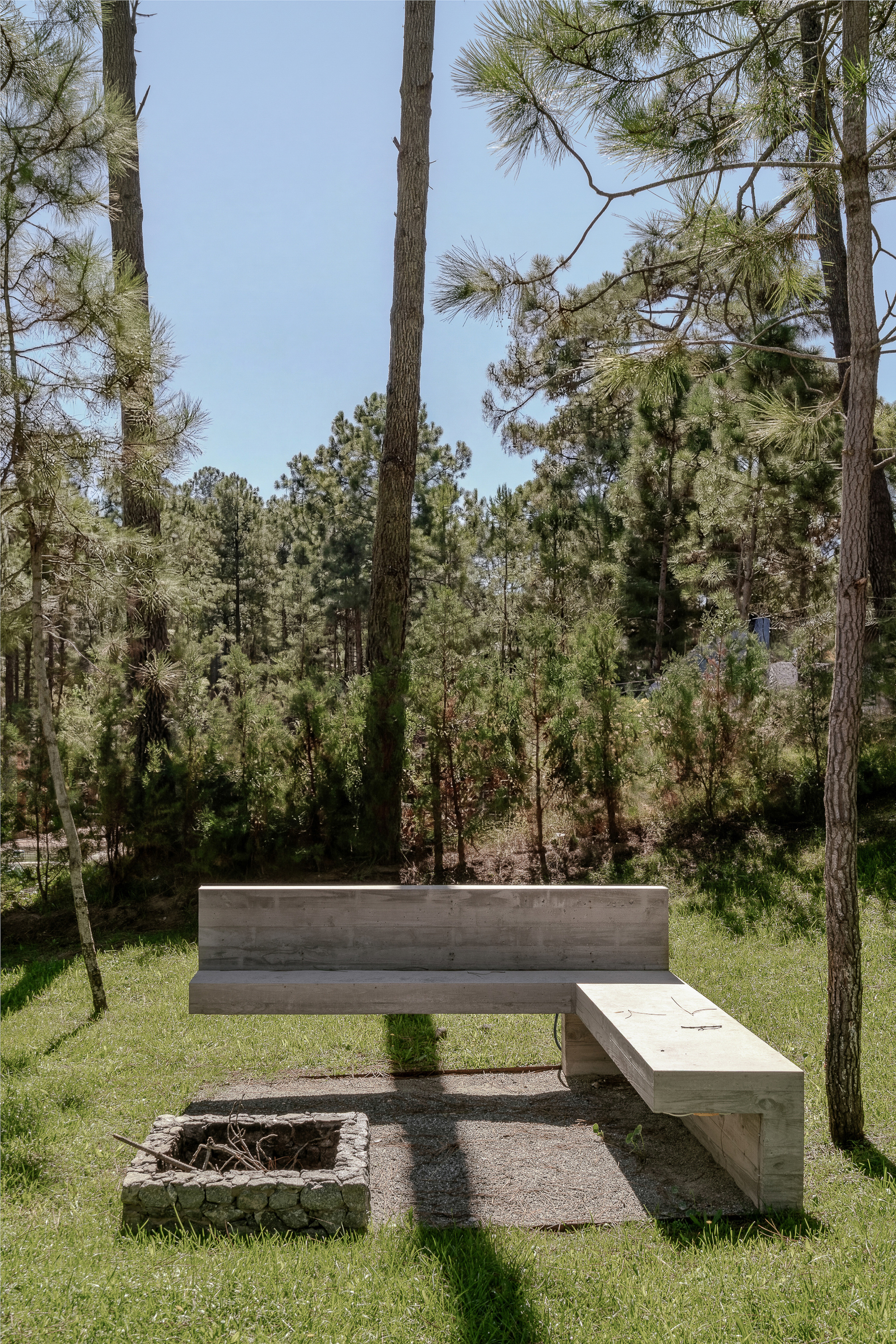 Cast concrete bench in an L shape beside a stone-lined fire pit on gravel, among tall pine trunks