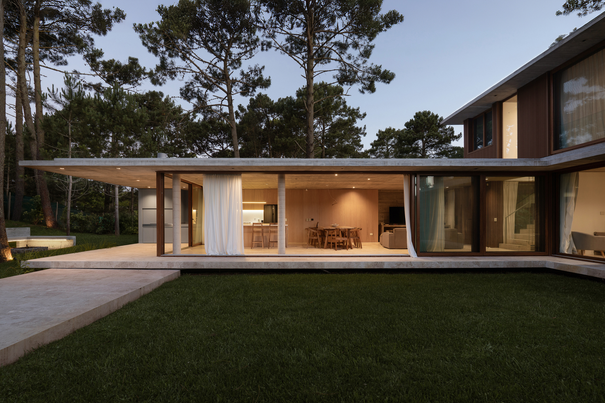 Single-storey wing with a thin concrete roof slab and glazed living area glowing at dusk behind a lawn and tall pines