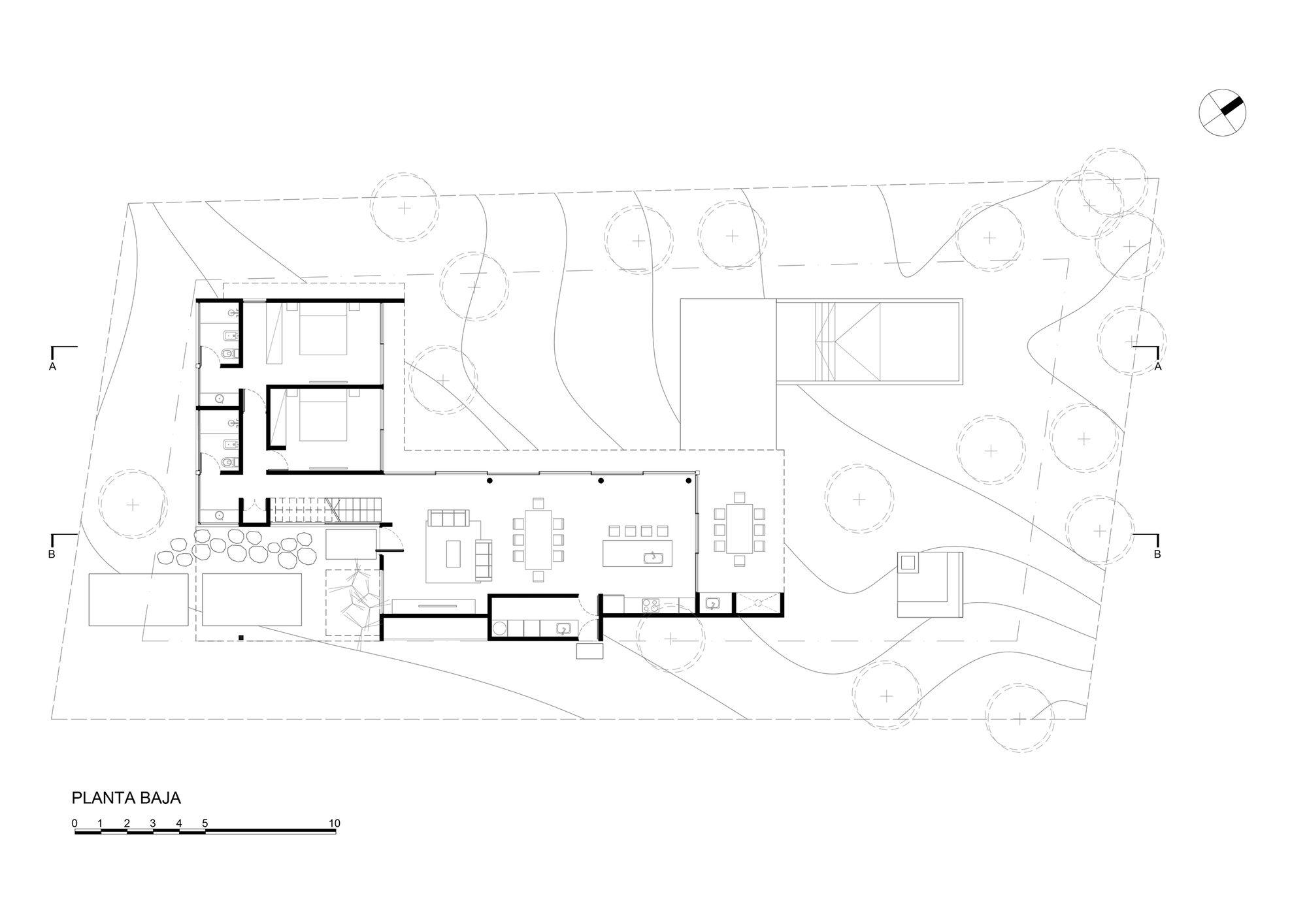 Ground floor plan drawing showing bedrooms, a long open living and dining area, and a pool among contour lines and trees