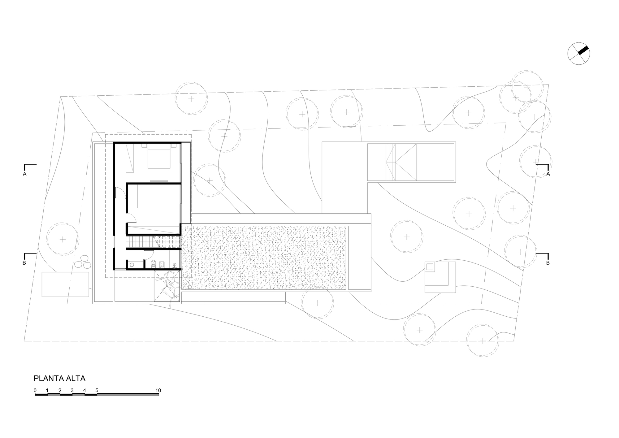 Upper floor plan drawing showing a bedroom volume at one end and a large textured roof terrace over the living wing