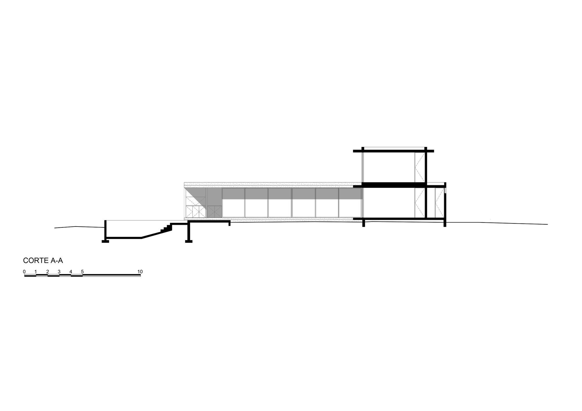 Section drawing A-A cutting through a long glazed single-storey wing and a two-storey block on sloping ground