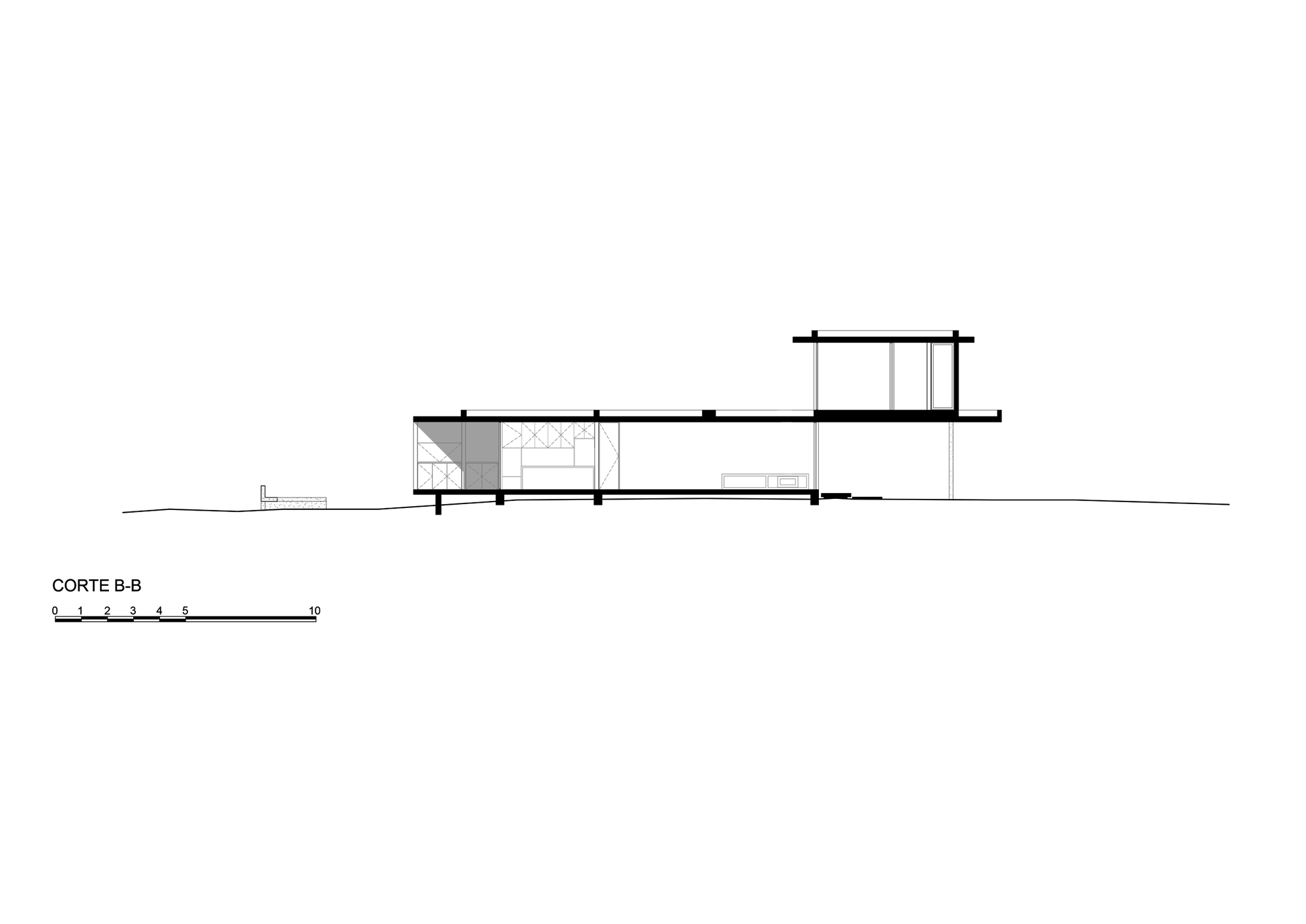 Section drawing B-B showing a raised floor on slender supports, a cantilevered upper volume and the terrain line below