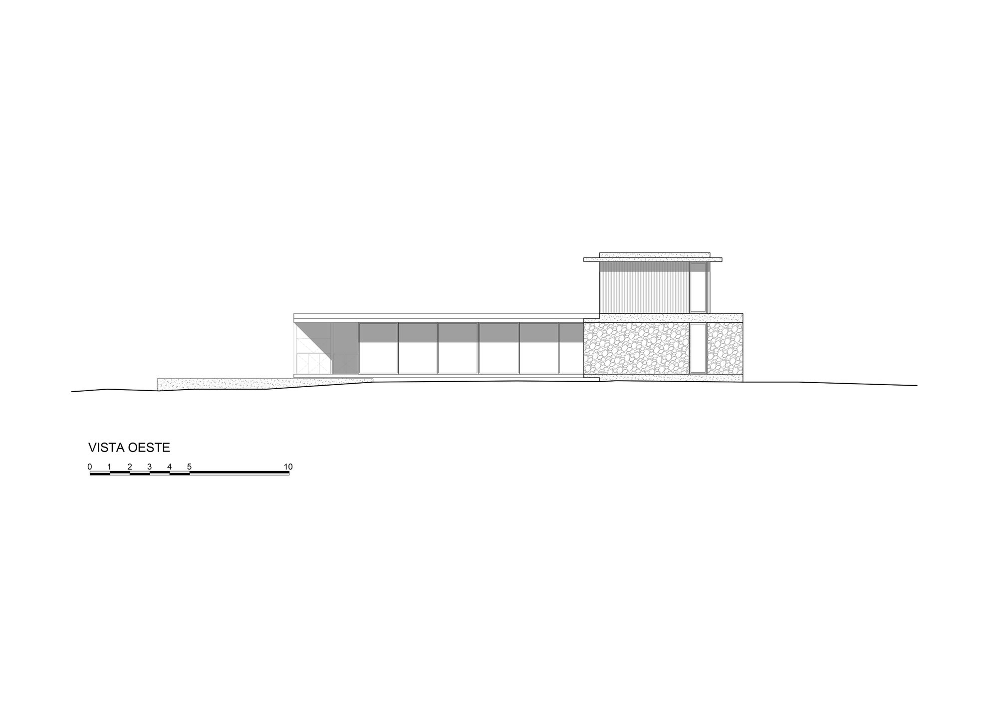 West elevation drawing showing a long glazed wing with a thin roof plane beside a stone-clad two-storey block