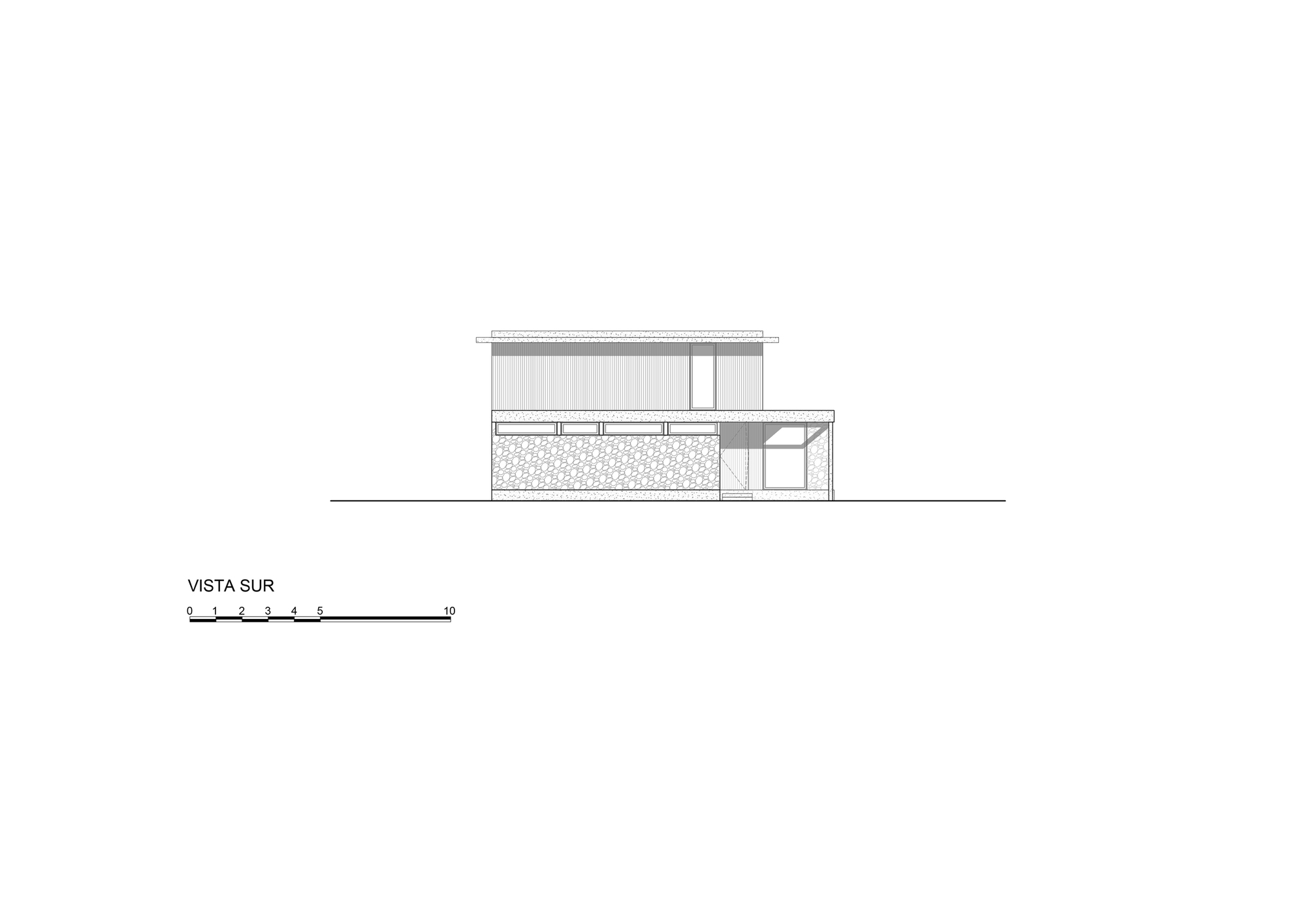 South elevation drawing of a two-storey house with a stone-clad base, ribbon windows, a cantilevered flat roof and a recessed glazed corner