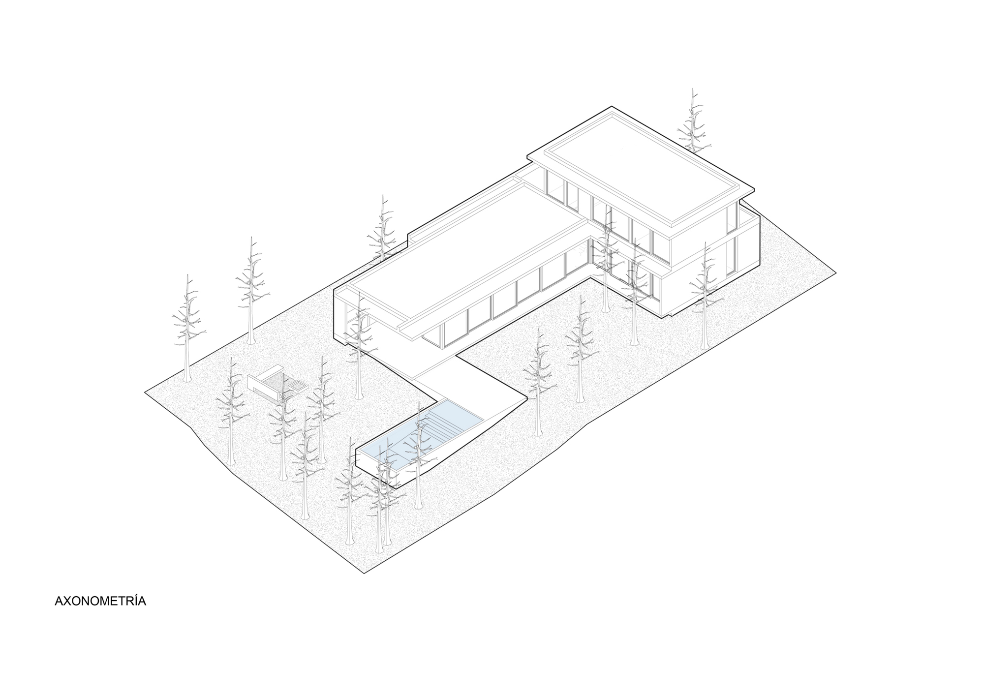 Axonometric drawing of an L-shaped house with flat roofs and a small blue pool, set among bare trees on sloped ground