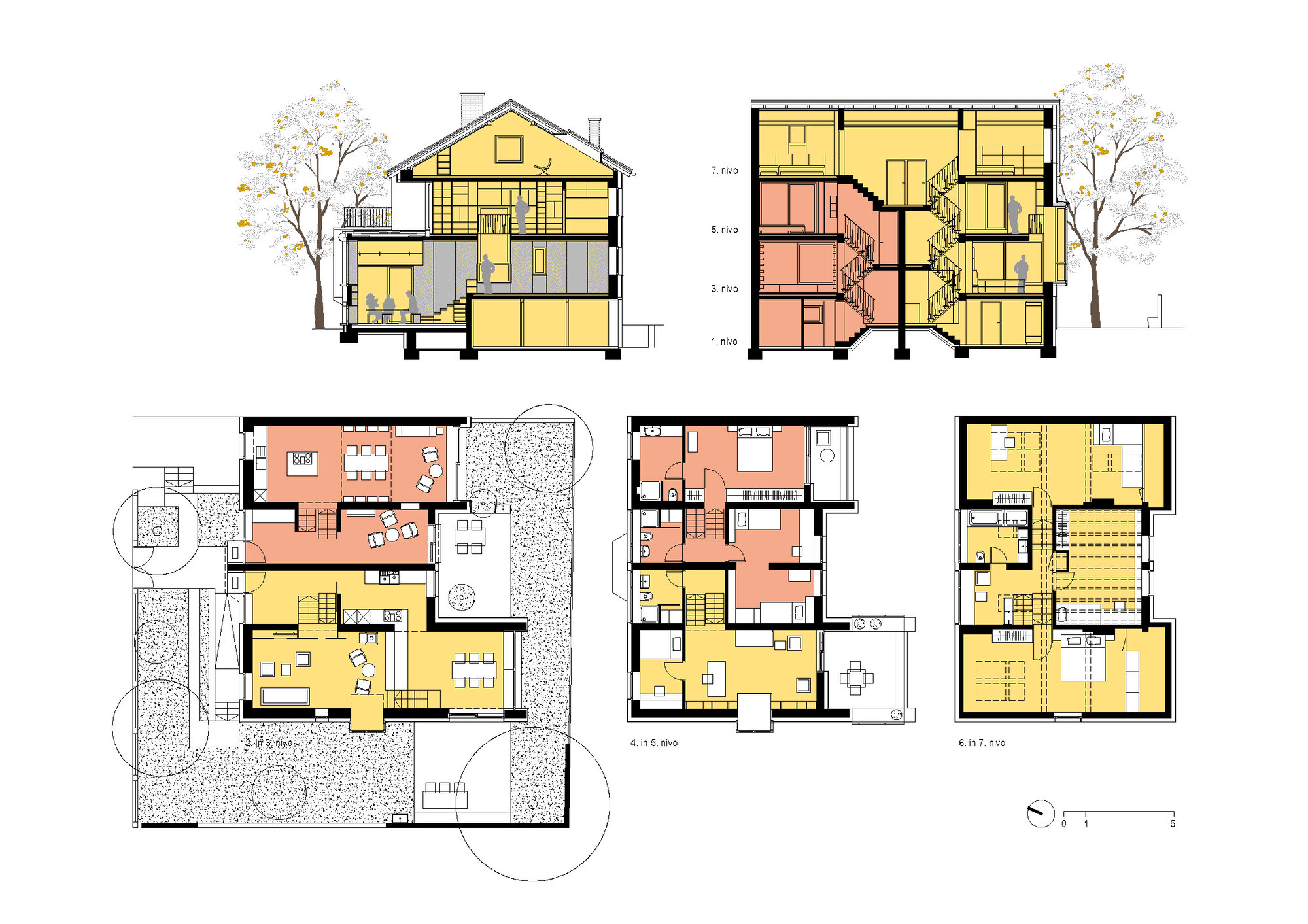 Drawing sheet of two coloured building sections above three floor plans, with a tree beside each section and a garden beside the lowest level